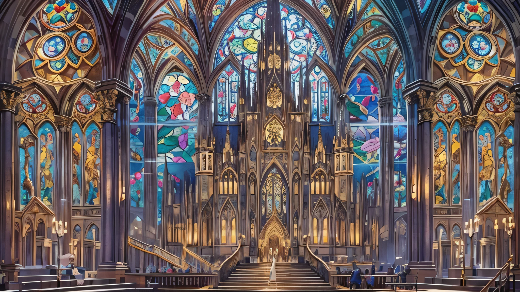 perfect anatomy, masterpiece:1.4, best quality, 8k, beautiful detailed grow, daydreaming expression:1.4, Precise and unmatched illustrations:1.3, ((biggest divine stained glass)) Decorated enchanted castle, panoramic.