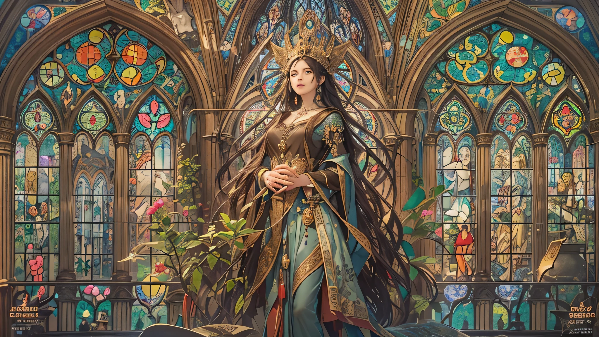 perfect ???????, masterpiece:1.4, best quality, 8k, beautiful detailed grow, daydreaming expression:1.4, Precise and unmatched illustrations:1.3, ((biggest divine stained glass)) Decorated enchanted castle, panoramic.