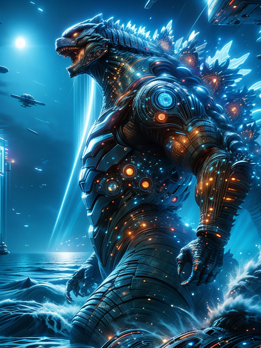 Godzilla , ocean，The backdrop is a futuristic city, science fiction style, blue and violet, bright, Sky background at night，There are many stars and a moon that splits in two. Super real photos