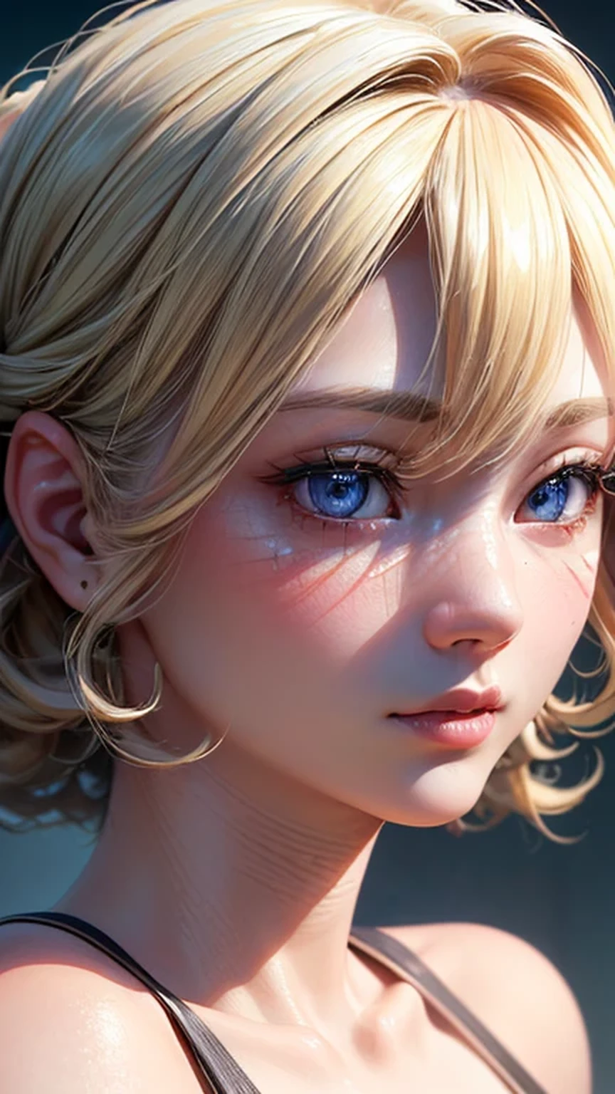 (RAW style, masterpiece, best quality, ultra-detailed),beautiful asian girl with short,curly blonde hair and blue eyes , ultra realistic , ultra detailed , intricate details , ((((extra close-up full face))) , depth of field , octane renders , ultra definition (skin texture, film grain), cinematic light, sidelighting, ultra high resolution,beautiful face , beautiful symmetrical eyes ,