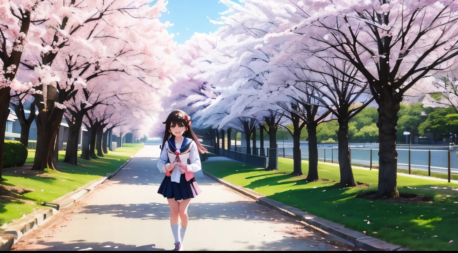 April、the day of the beginning、high school girl、Going to school、Cherry blossom trees、SakuraFubuki、Motivation、positive、smile、sailor suit、Hair brown hair、walk