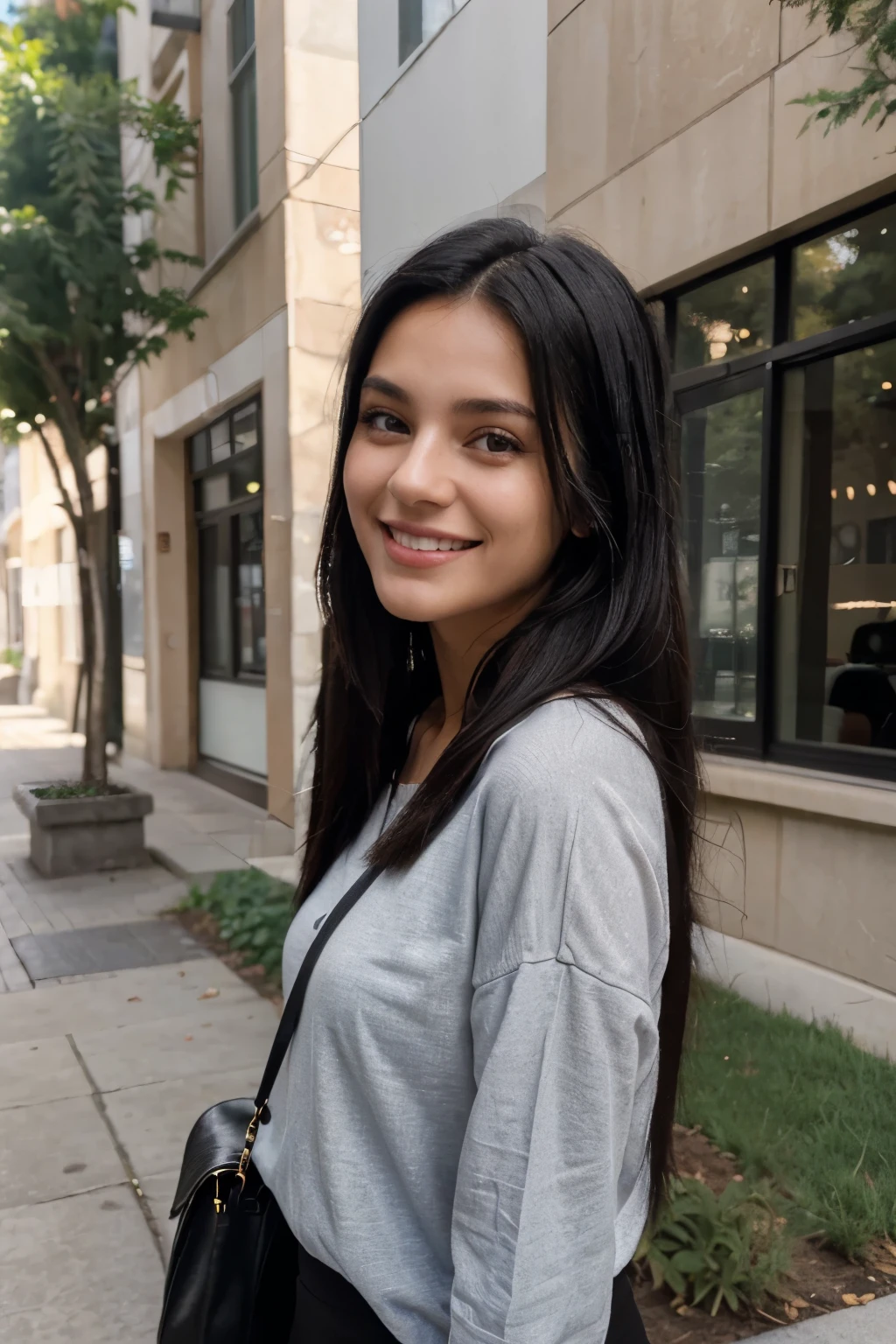 ((best quality)), ((masterpiece)), (detailed), perfect face of a 21-year-old girl with flowing sleek black hair, in casual day to day clothing, smiling