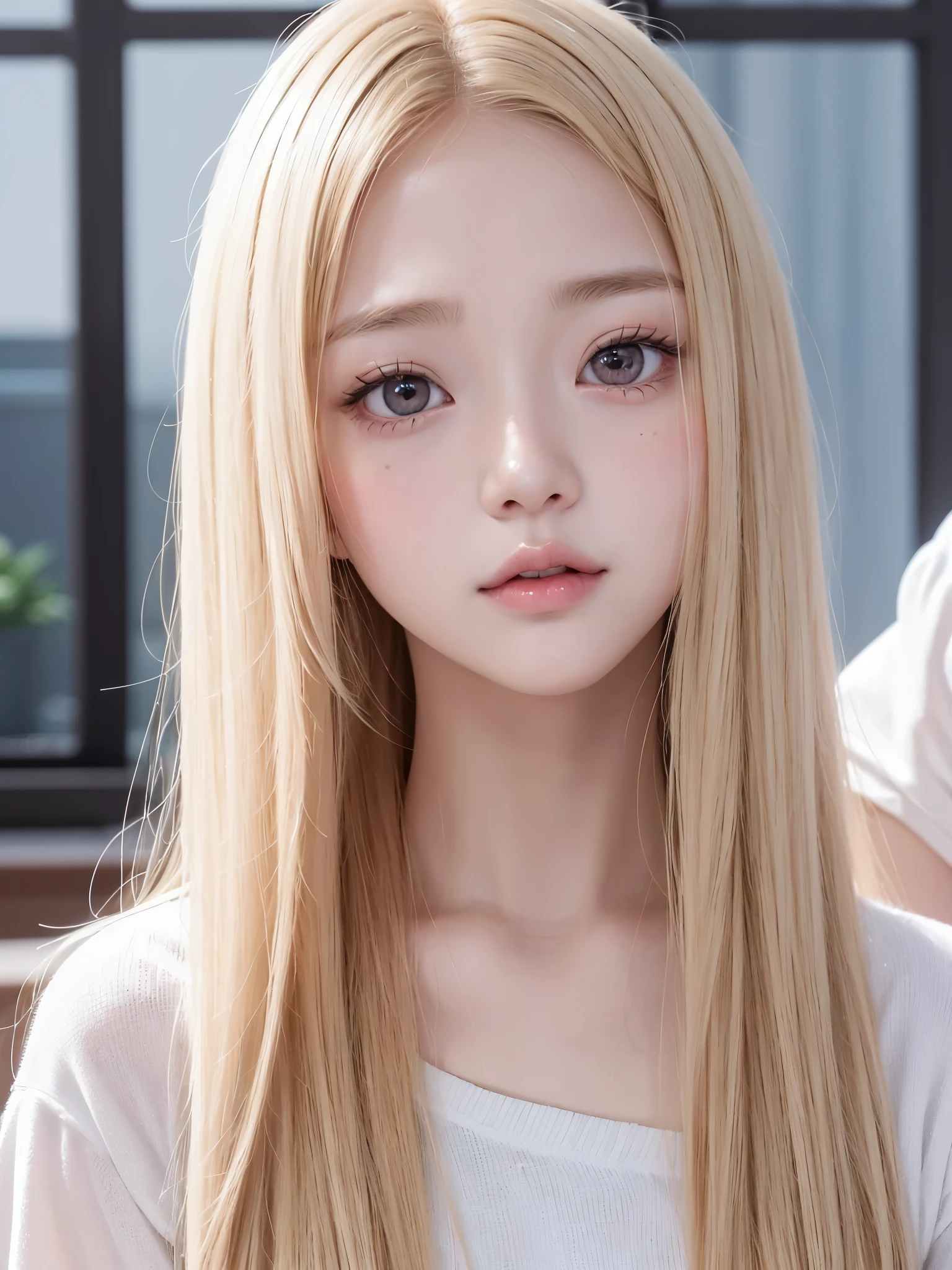 A young girl with very light blonde hair and pretty 20 years old, con cara de Wonyoung, Jang Wonyoung, doll eyes, estilo hiperfemenino y lindo, prendas rosadas. Chica japonesa, very tender asian girl with pale skin, ojos grandes, ojos de bambi, labios gruesos, ropa rosa, ella tiene el cabello muy largo, her face is pretty like a baby, se parece a Jang Wonyoung de ive, es Wonyoung, busto voluminoso, busto grande y notorio.