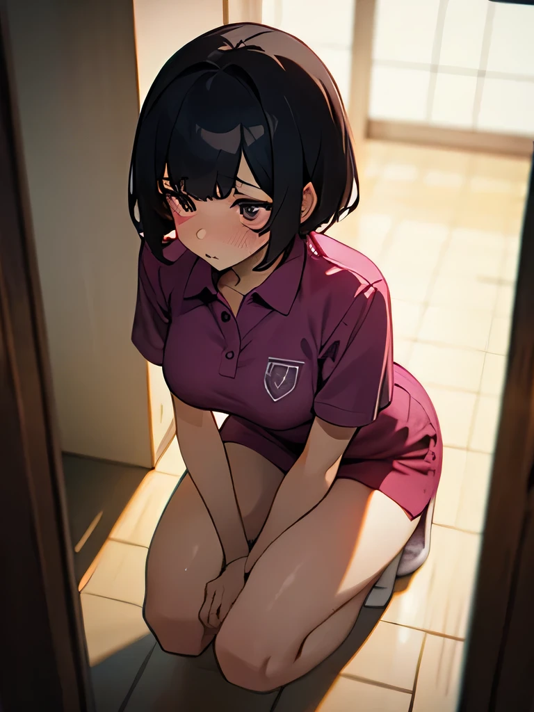 short hair, pubic hair, beautiful breasts, embarrassed, shy, anxious, black hair, short sleeves, arms, in the hospital, magenta polo shirt, no underwear, bending over, from above, squatting on the ground