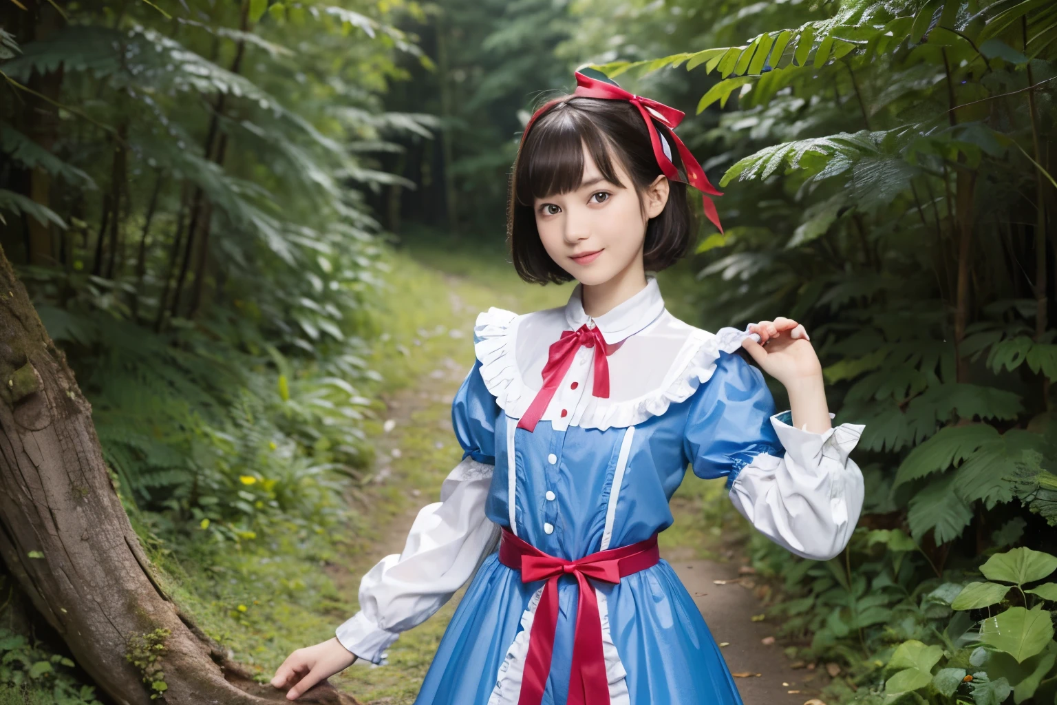 (alice in wonderland), 1-9-2, (He wears a large triangular ribbon on his head..), short hair, young woman, gentle smile, colorful clothes, in the deep forest, There is a large stump, fractal pattern