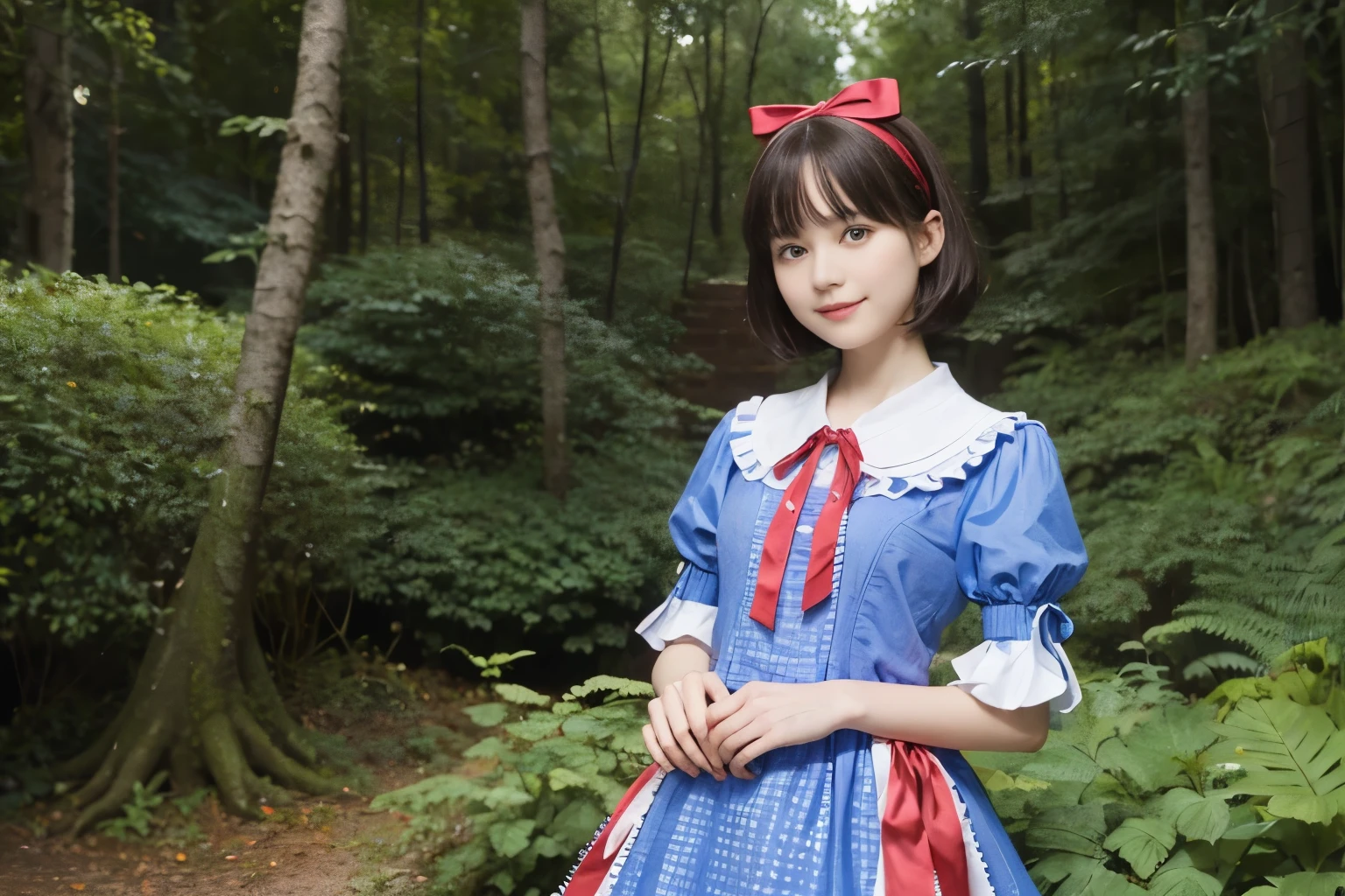 (alice in wonderland), 1-9-1, (He wears a large triangular ribbon on his head...), short hair, young woman, gentle smile, colorful clothes, in the deep forest, There is a large stump

