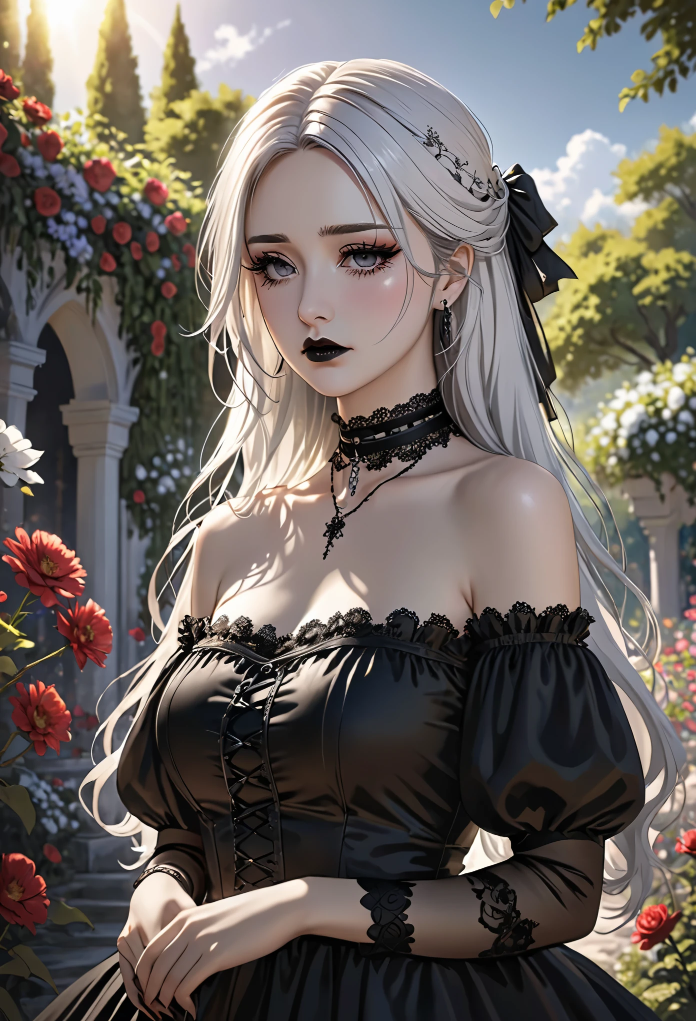 (masterpiece:1.2), (best quality:1.2), perfect eyes, perfect face, perfect lighting, 1 girl, Mature female gothgal standing with hands in front, long hair, complex hairstyle, cosmetic, black lips, thick eyelashes, sad, depressed, wearing gothic clothing, black and white dress, decorate, ribbon, puff sleeves, bare shoulders, lace choker, jewelry, peaceful, quiet, chill, Detailed outdoor background, Beautiful scenery, fantasy, summer, sunny, sunburned, flowers, trees  