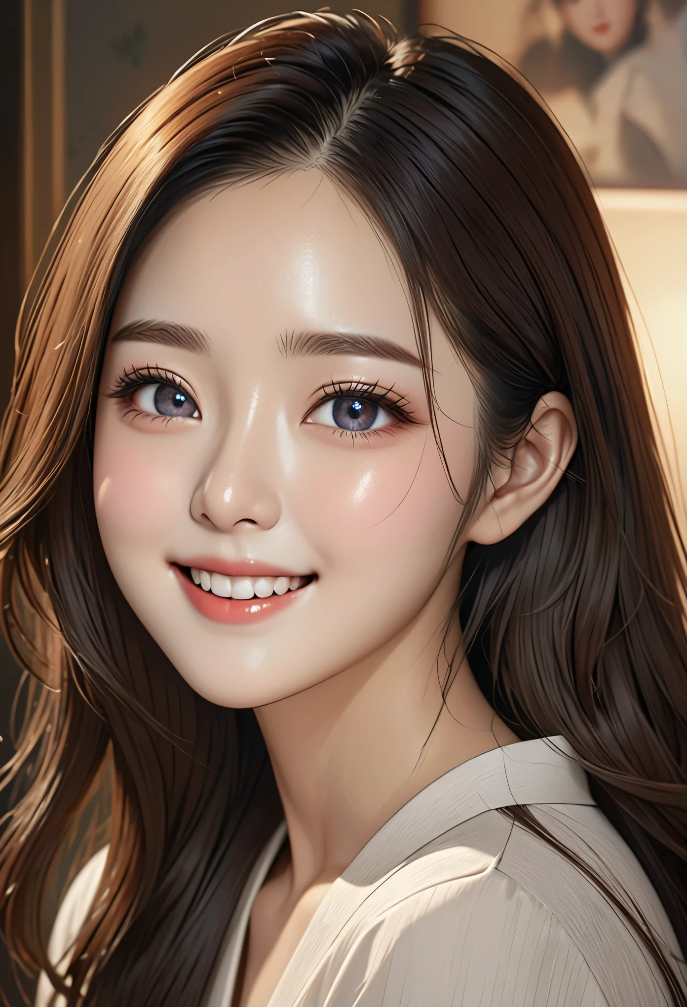 (Surreal), (illustration), (High resolution), (8K), (Very detailed), (Best illustration), (Beautiful and detailed Eyes), (best quality), (Ultra detailed), (masterpiece), (wallpaper), (detailed Face), facial pores,alone,a girl,, Fine detail, detailed Face, (detail),(Realistic lighting: 1.1),À la Fed picture of long-haired woman smiling at photo, A cute Korean face, , korean actress, , 可爱的korean actress, Gorgeous young Korean woman,