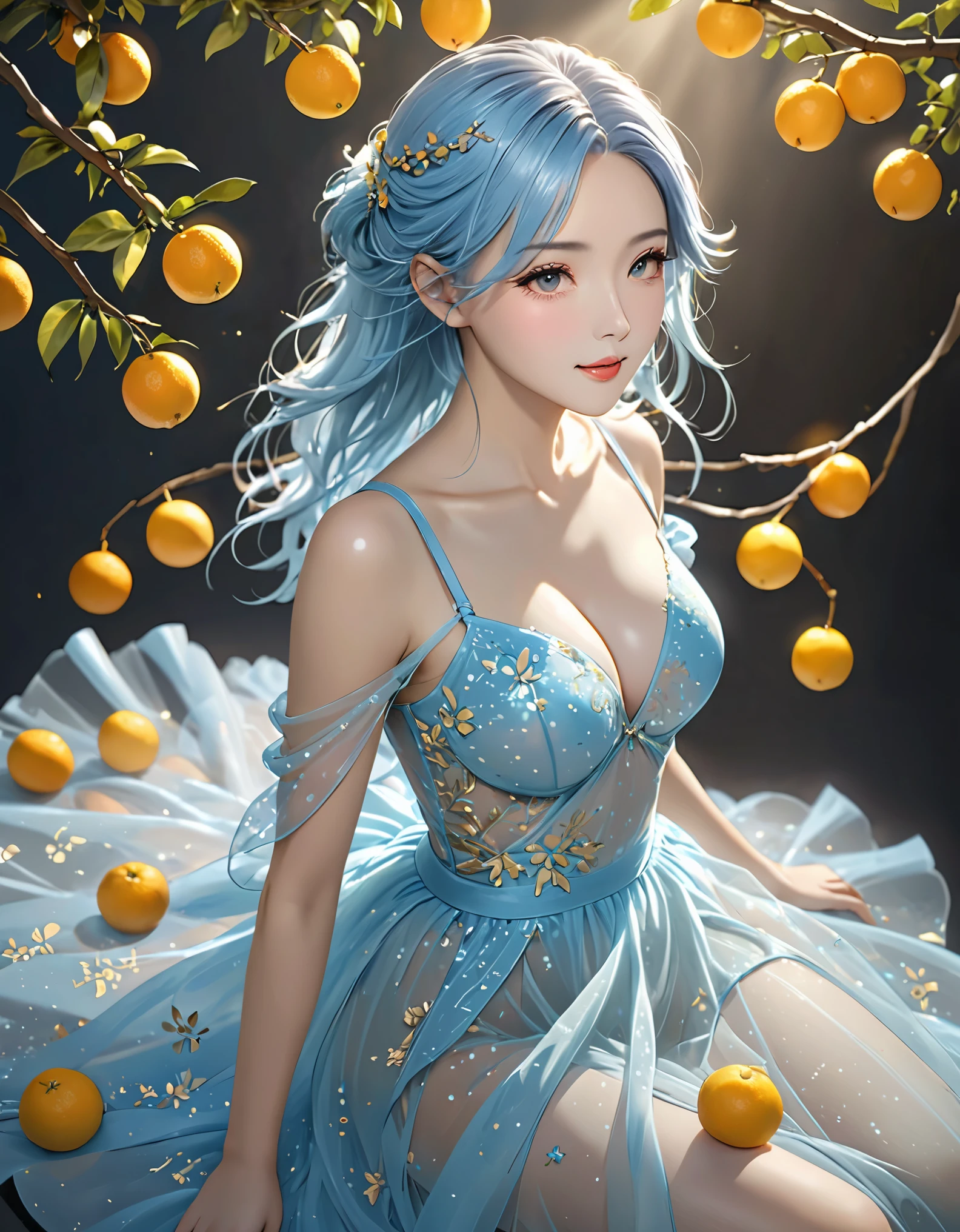 Style-Sylvamagic, Award-winning character concept art,一个美丽的树妖坐exist柑橘树上, exist美丽的橙色柑橘林中, citrus fruits on tree, amazing body, 微lol, happy, lol, festive, light blue hair, golden horn, Beautiful tulle see-through dress, vague_background, breast, 微lol, coquettish, nexistural lighting, Moderate_breast, lips, watching_exist_audience, alone, from above, Highly detailed 8K character concept portrait studio lighting, Sunlight, beautiful lights,