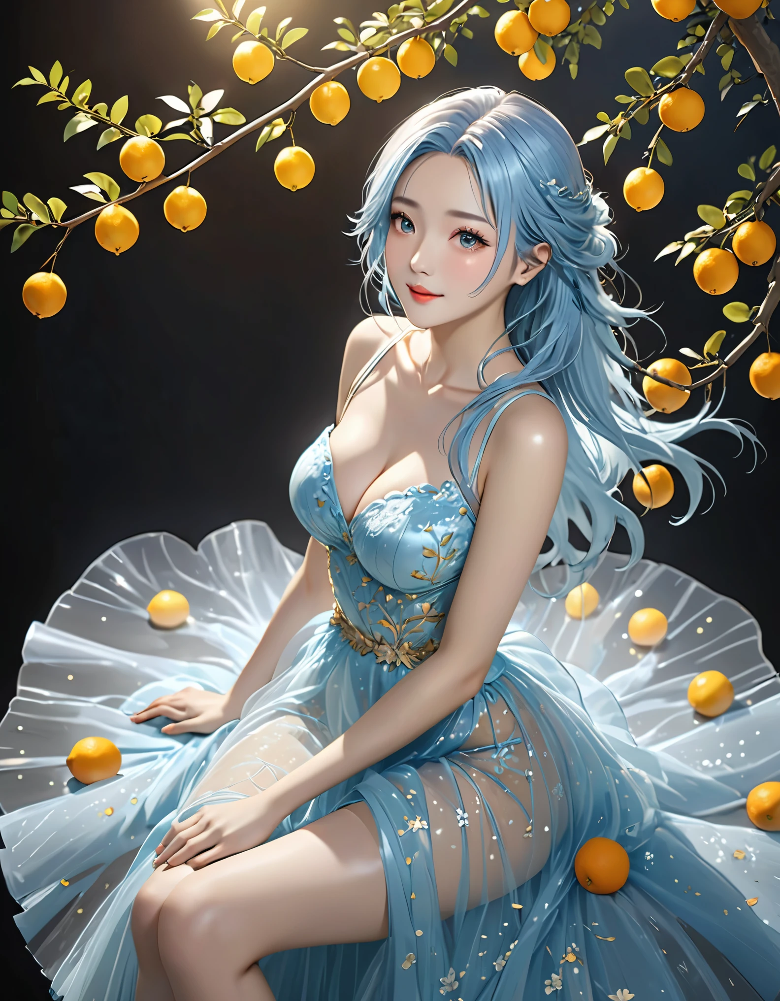 Style-Sylvamagic, Award-winning character concept art,一个美丽的树妖坐exist柑橘树上, exist美丽的橙色柑橘林中, citrus fruits on tree, amazing body, 微lol, happy, lol, festive, light blue hair, golden horn, Beautiful tulle see-through dress, vague_background, breast, 微lol, coquettish, nexistural lighting, Moderate_breast, lips, watching_exist_audience, alone, from above, Highly detailed 8K character concept portrait studio lighting, Sunlight, beautiful lights,