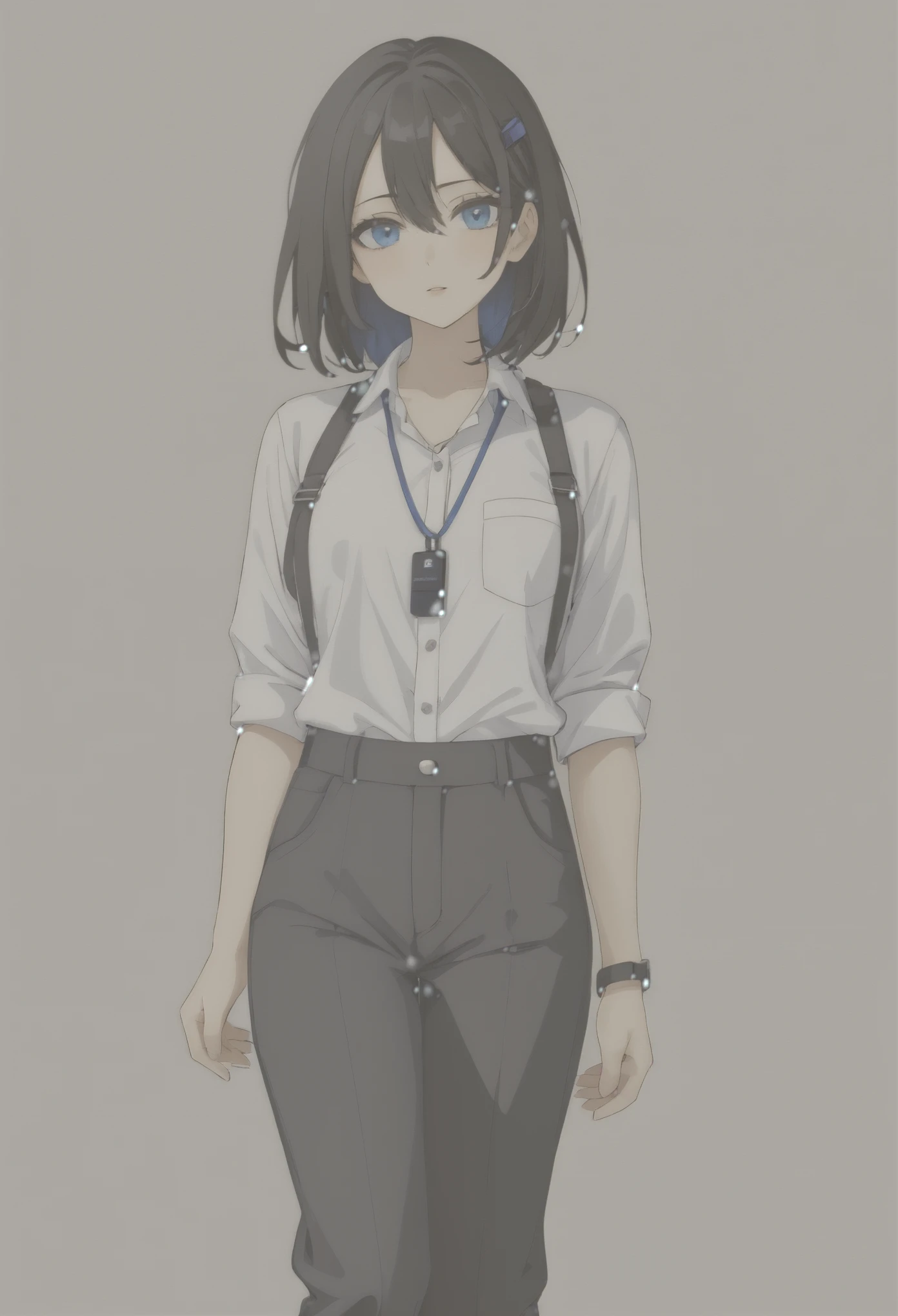 black hair、deep blue eyes、Wearing a white button-up shirt、wearing black pants、neck lanyard name holder