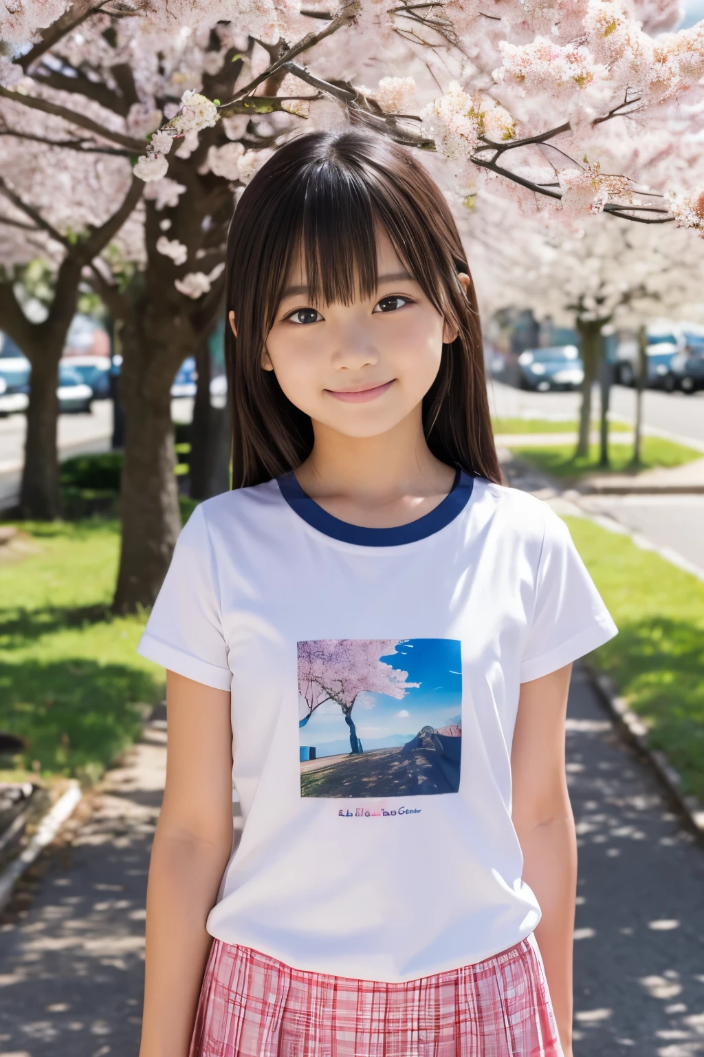 8K,masterpiece,Japanese,9 year old girl,from the front,smile,Innocent face,calm eyes,Childish,T-shirt,short sleeve,short skirt,semi-long,hair blowing in the wind,Slightly strong wind,noon,bright,One cherry tree