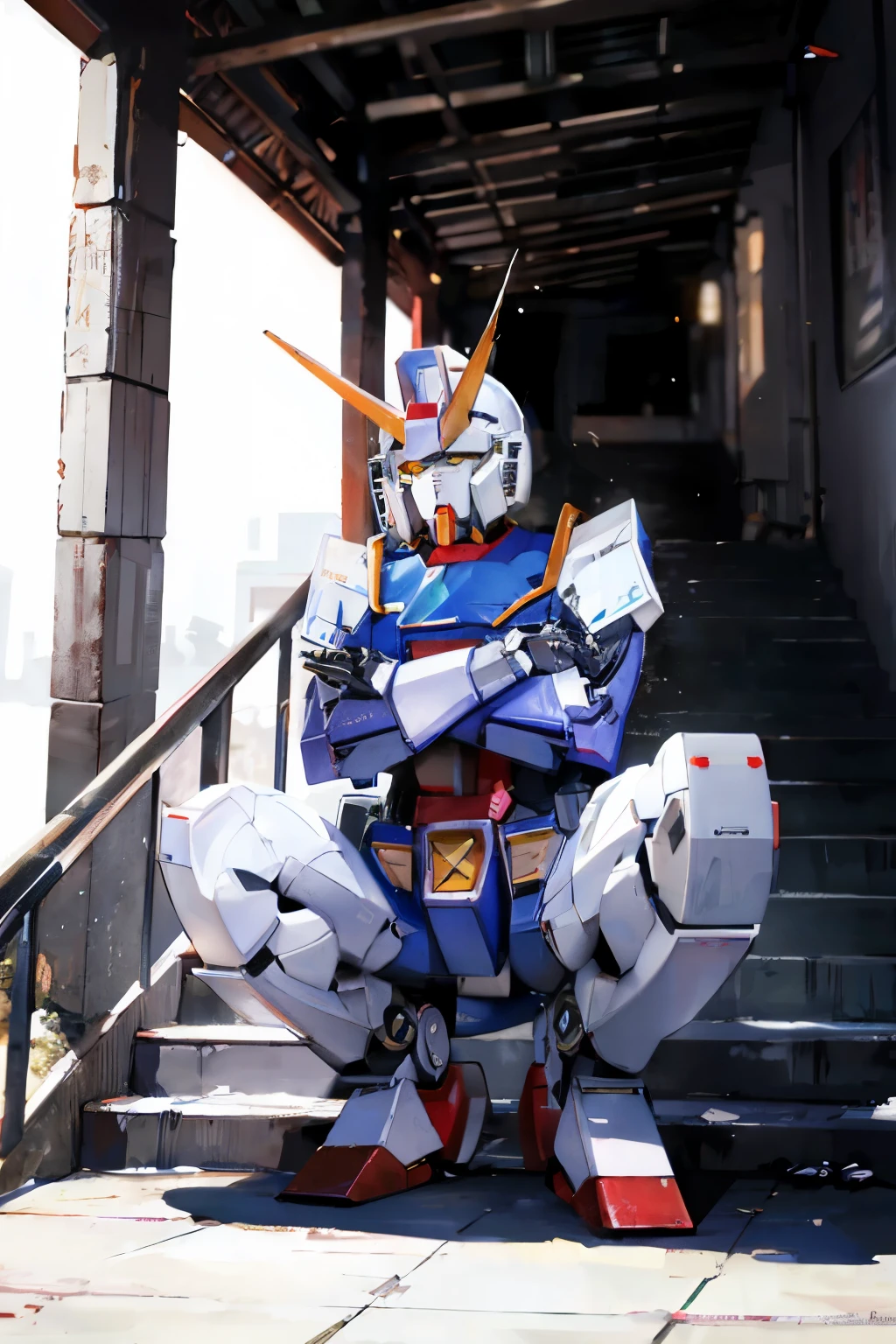 (Photographed with Canon EOS R5,Canon EF 24-70mm f/2.8L II,LED panel) , realistic, BREAK,
solo focus, (full body shot:1.4), BREAK,
(1 mecha :1.4),
spread legs,
perfectly proportions, looking at viewer,
BREAK,
(squatting on stairs:1.5),
(crossed arms :1.4),
outdoors,
BREAK, rx78