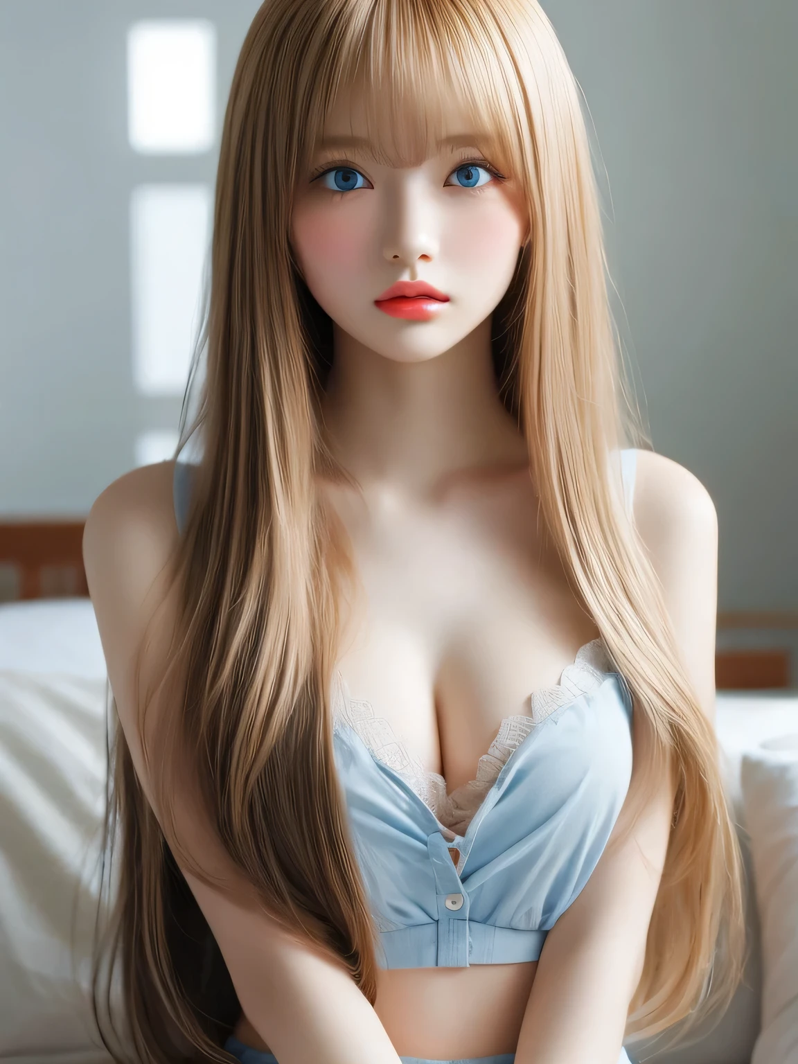 Her shiny, bright blonde hair is dazzlingly sexy.、 cute sexy little beautiful face 、Shining hair dancing in front of a cute face、long silky bangs that cover the eyes、Shining pale light blue eyes、hair that hides the face、too long hair、sexy and cute young woman、super long blonde shiny bright hair,,,、dressing、T-shirt、big and full breasts、bright look、white and beautiful skin、Cheek luster、small face beauty、