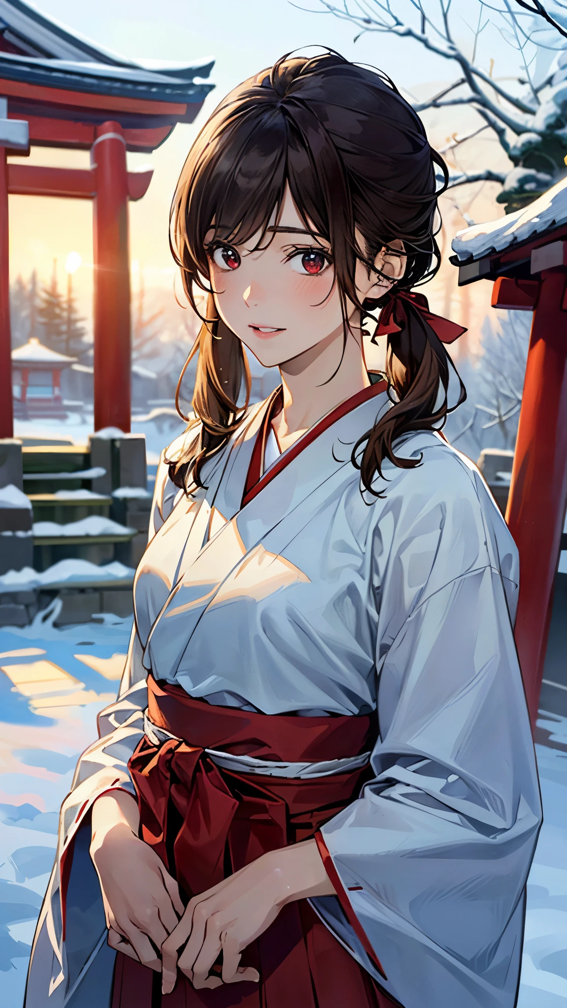 (masterpiece:1.3, top-quality, ultra high res, ultra detailed), (realistic, photorealistic:1.4), beautiful illustration, perfect lighting, natural lighting, colorful, depth of fields, nfsw,
looking at viewer, (face focus, upper body), 1 girl, japanese, high school girl, perfect face, cute and symmetrical face, shiny skin,
(middle hair:1.5, low twintails:1.7, brown hair), asymmetrical bangs, dark red eyes, (middle breasts),
beautiful hair, beautiful face, beautiful detailed eyes, beautiful clavicle, beautiful body, beautiful chest, beautiful thigh, beautiful legs, beautiful fingers,
((miko clothes, long sleeve, long hakama, hair ribbon)), (lovely smile, upper eyes, parted lips),
(beautiful scenery), winter, dawn, (new year's day, first visit), (shinto shrine), crowd, snow, snowfall:1.5, freezing weather, frost, standing, walking,