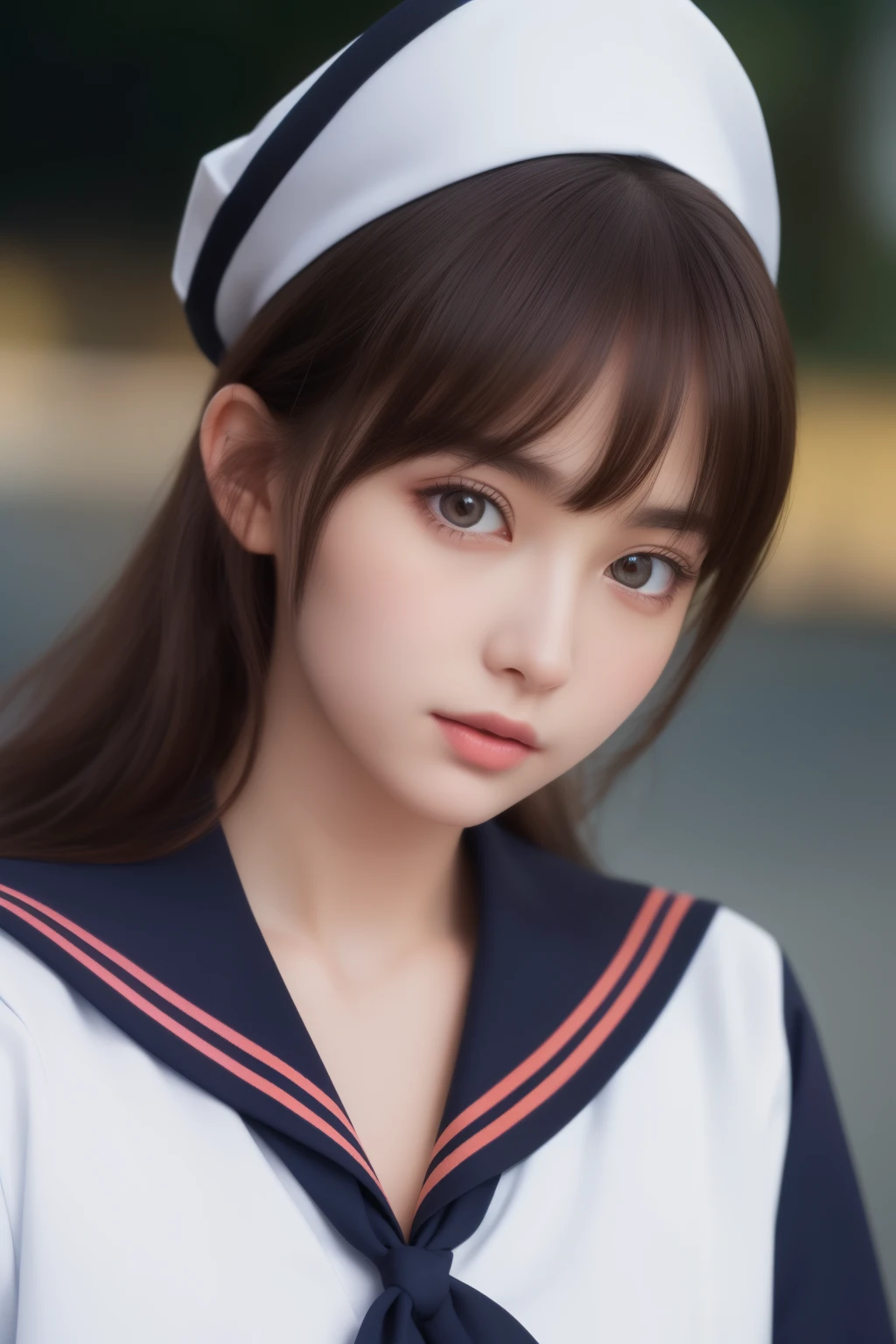 1 girl, (highest quality:1.4), (Super detailed), (Highly detailed beautiful face), wonderful face and eyes, black eye, black hair, (sailor suit, school uniform:1.2), (cleavage), Smooth, Highly detailed CG integrated 8k wallpaper, High resolution raw color photos, professional photos, light, Backlight, dream-like, impressive, Depth of the bounds written