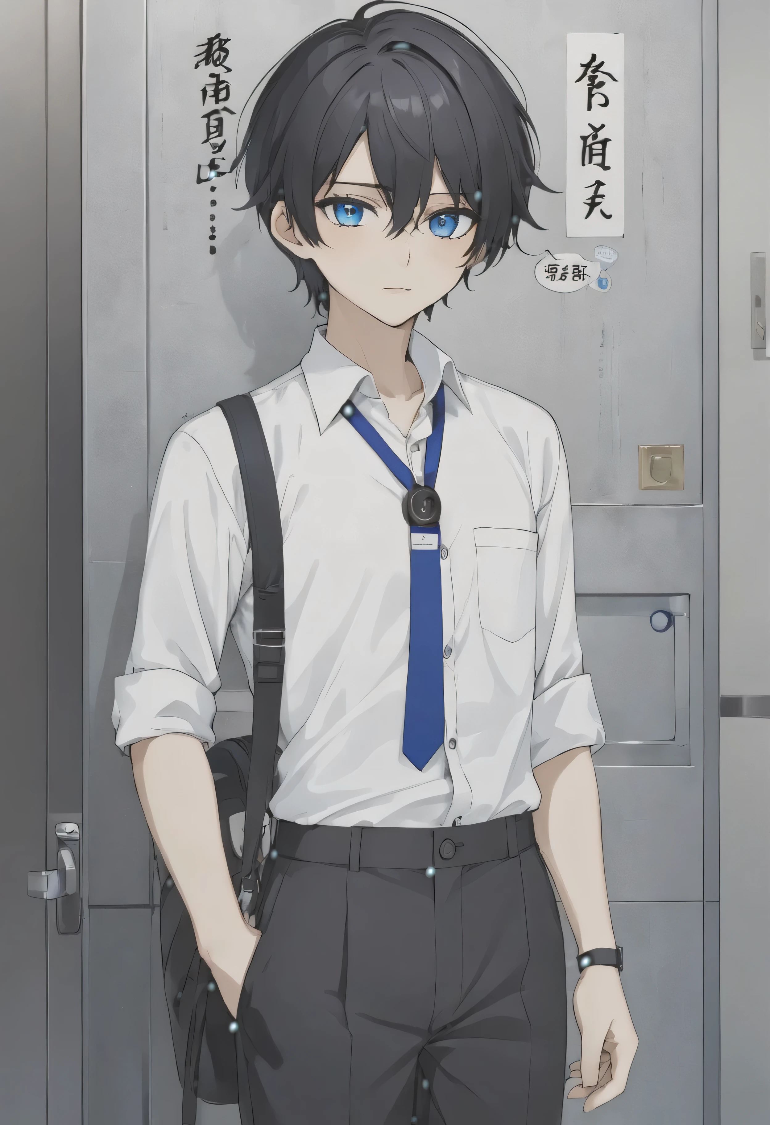 boy、black hair、deep blue eyes、Wearing a white button-up shirt、wearing black pants、「staff」Neck strap name holder with the words