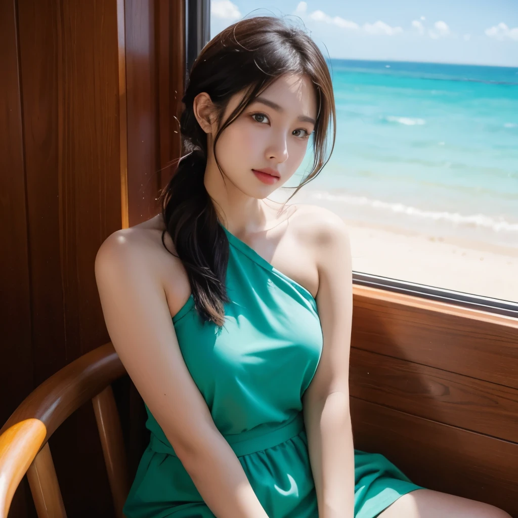 Sitting on chair by showing her shoulder