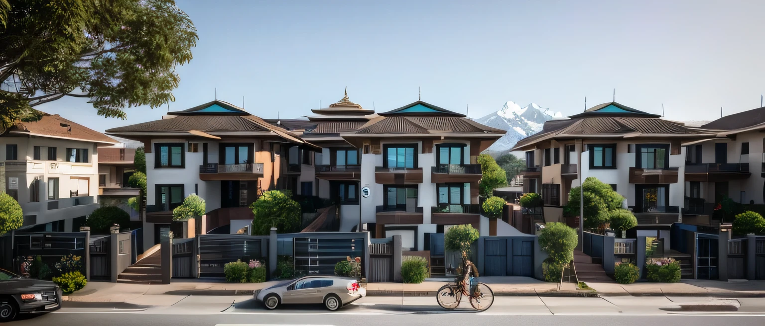 there are many houses that are on the street with flowers, residential area, inter dimensional villa, nepali architecture buildings, exterior design, vue 3d render, 3d rendering, 3 d rendering, residential, tibetan inspired architecture, complex 3d render, complex 3 d render, residential design, wide establishing shot, frontview, barycentric subdivision, complete house