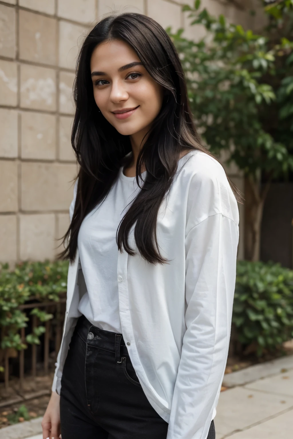 ((best quality)), ((masterpiece)), (detailed), perfect face of a 21-year-old girl with flowing sleek black hair, in casual day to day clothing, smiling