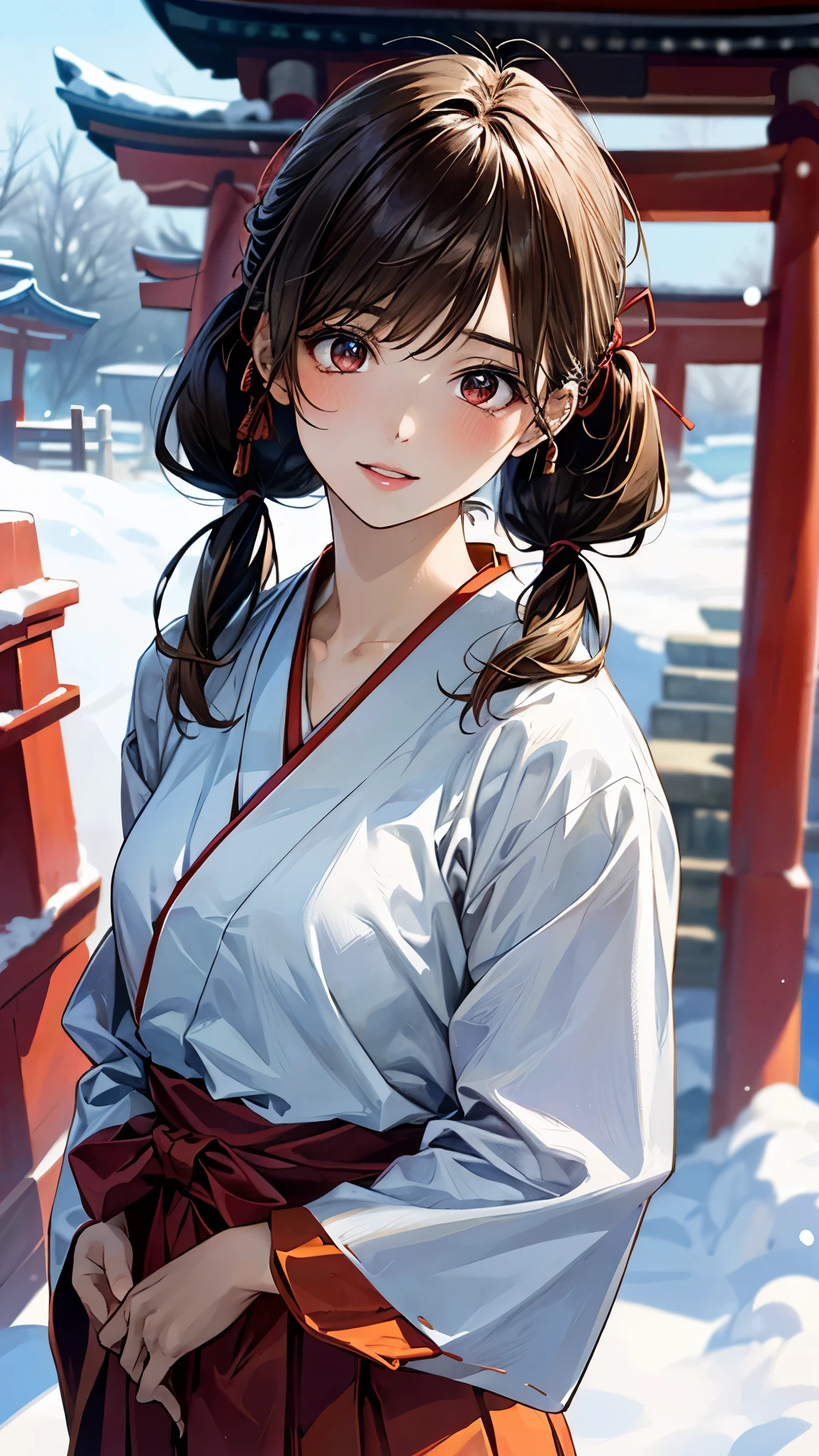 (masterpiece:1.3, top-quality, ultra high res, ultra detailed), (realistic, photorealistic:1.4), beautiful illustration, perfect lighting, natural lighting, colorful, depth of fields, nfsw,
looking at viewer, (face focus, upper body), 1 girl, japanese, high school girl, perfect face, cute and symmetrical face, shiny skin,
(middle hair:1.5, low twintails:1.7, brown hair), asymmetrical bangs, dark red eyes, (middle breasts),
beautiful hair, beautiful face, beautiful detailed eyes, beautiful clavicle, beautiful body, beautiful chest, beautiful thigh, beautiful legs, beautiful fingers,
((miko clothes, long sleeve, long hakama, hair ribbon)), (lovely smile, upper eyes, parted lips),
(beautiful scenery), winter, dawn, (new year's day, first visit), (shinto shrine), crowd, snow, snowfall:1.5, freezing weather, frost, standing, walking,