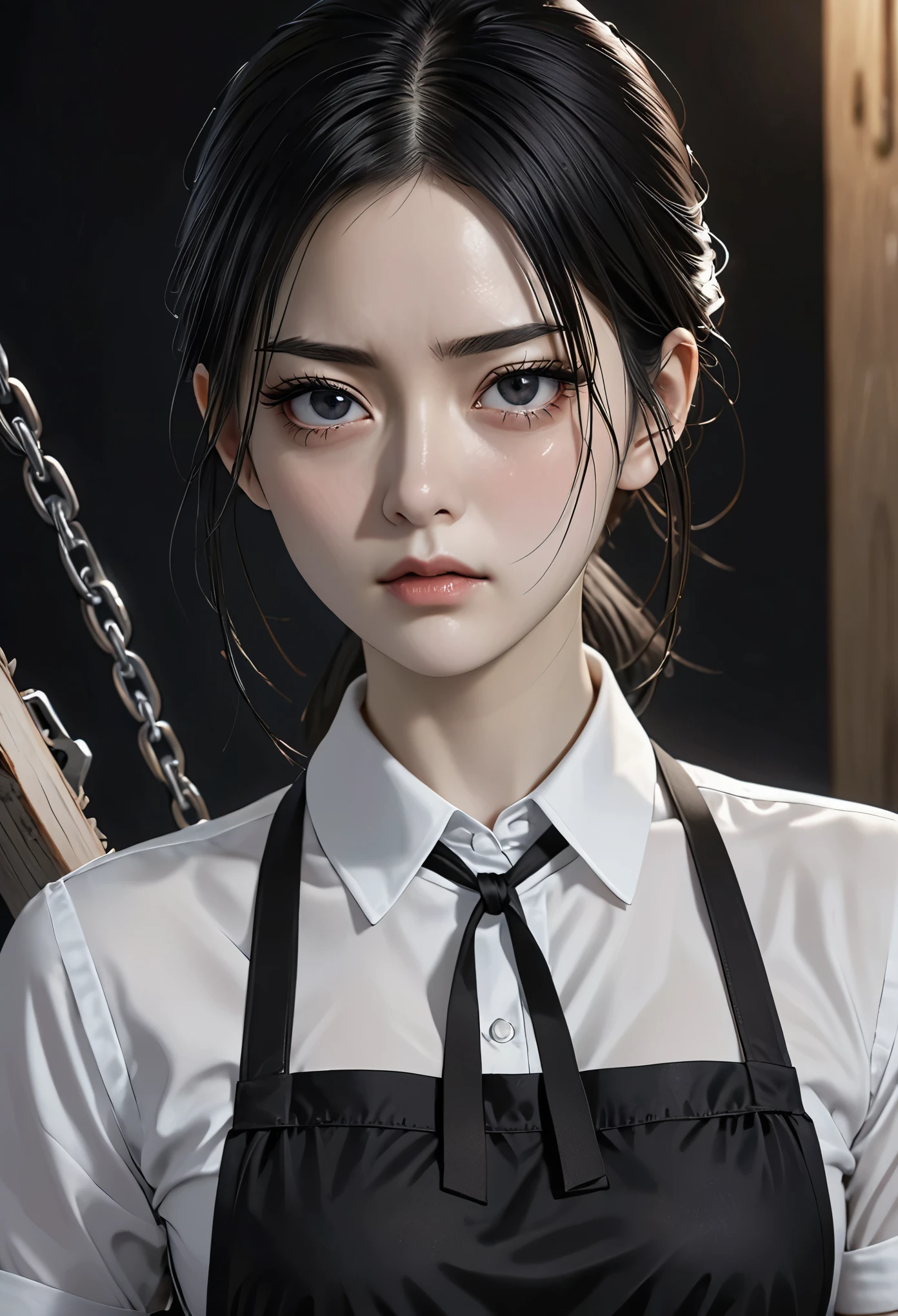 ((masterpiece, best quality)), (1 girl), (alone), (Female focus), night (chainsaw man),(The facial details are very rich, real image, Real white skin, realistic body, intricate details), Upper body, focus on face, black hair tied up, long hair, intimidating expression, black apron dress, shirt, neck strap, small breasts