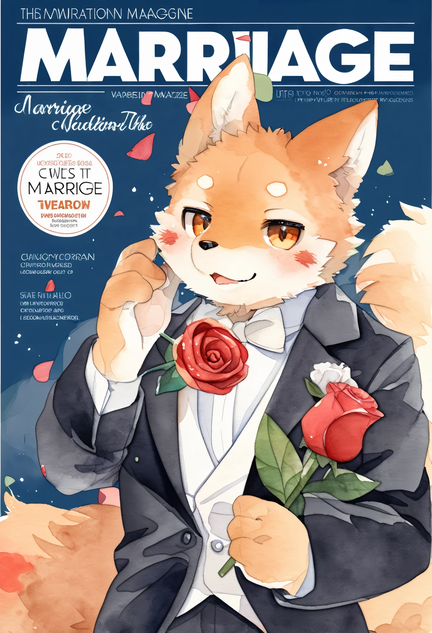 cover page, marriage information magazine, Watercolor elements, 1boy, kemono, furry, detailed body fur, animal face, animal hand, Handsome boy in tuxedo holding a red rose and looking at viewer,