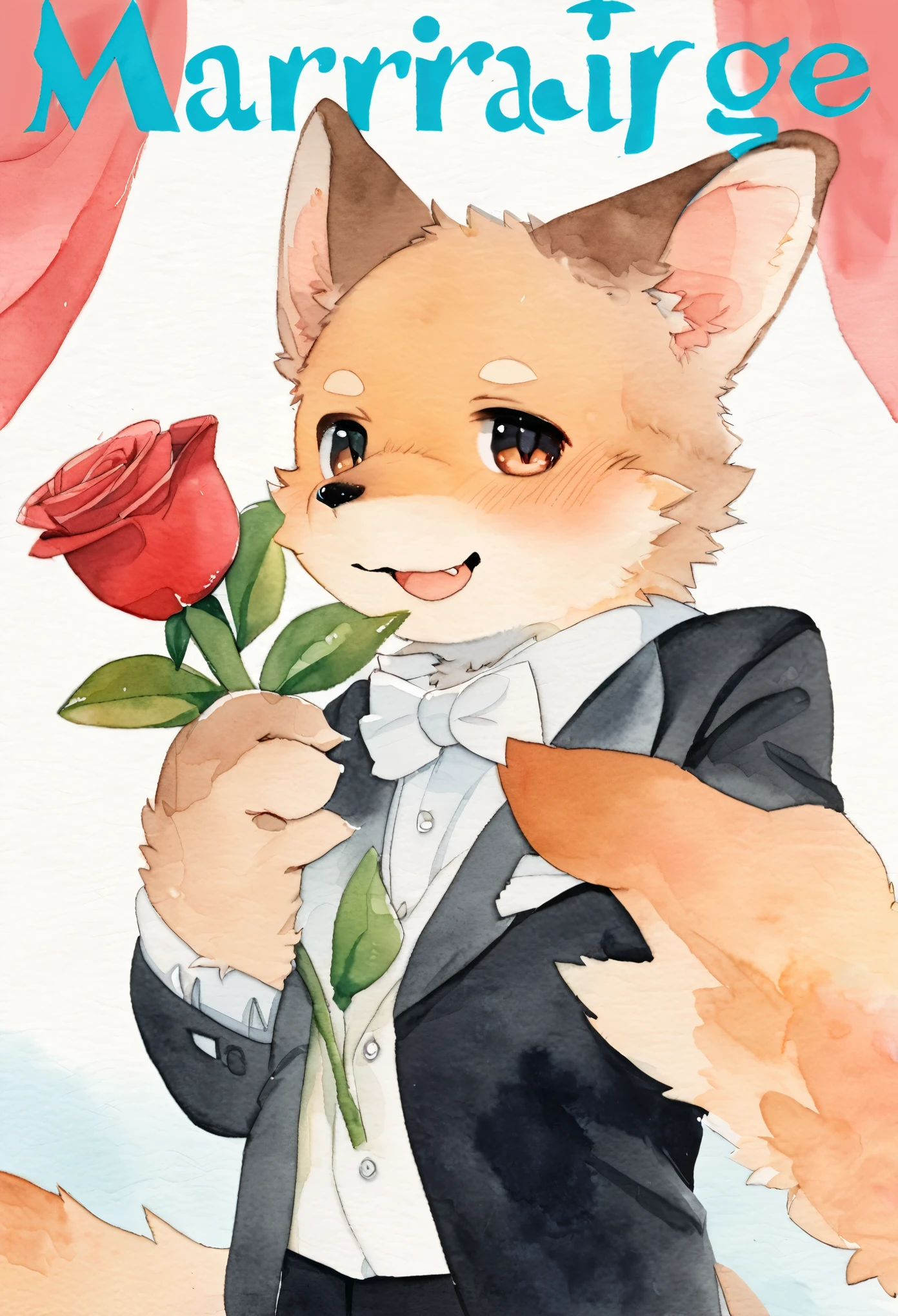 cover page, marriage information magazine, Watercolor elements, 1boy, kemono, furry, detailed body fur, animal face, animal hand, Handsome boy in tuxedo holding a red rose and looking at viewer,