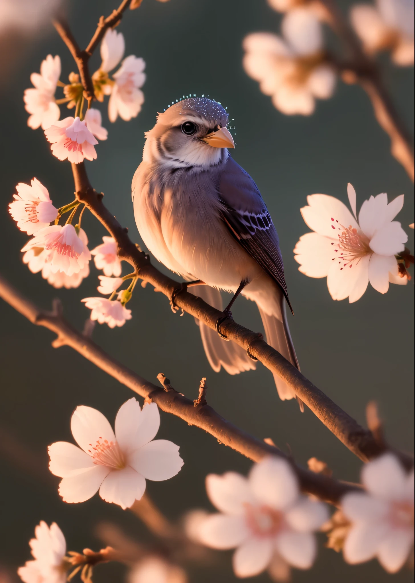 A beautiful nightingale perches on a white cherry blossom branch., dark, dawn, (cold morning: 1.1), (morning dew: 1.15), realistic pictures, (Low Photo: 1.2), detailed, 8K, (to8 contrast style), (haze: 0.7), bright colors, sony a6600 mirrorless camera, Decoration 2 --v 6