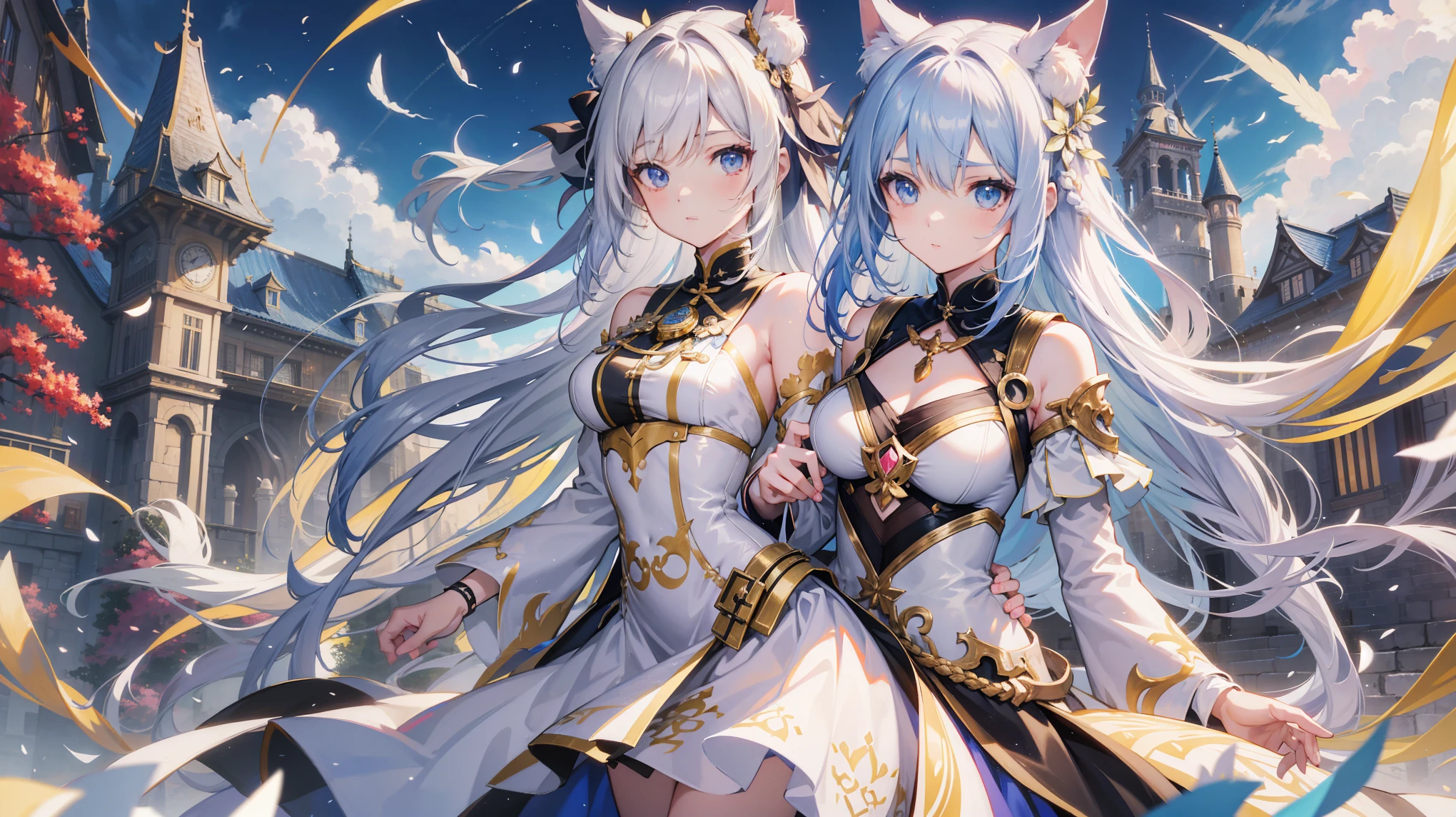 Anime girl with long hair and white dress standing in front of the castle, WLOP 和 Sakimichan, Popular topics on artstation pixiv, Highly detailed official artwork, 《Azur route》role in, from Arknights, Official Anime Artwork, From《Azur route》video game, Genshin, Two beautiful anime girls, kushat krentz critical art women