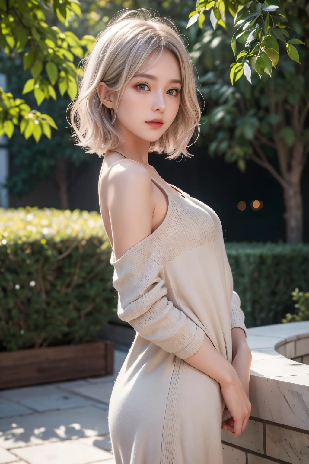 1 girl, solo, cute, looking at viewer, beautiful body, blush, (silver blonde short wavy hair), (small breast), (green eyes), very life-like eyes, stylish casual outfit, beautiful environment, highly detailed, masterpiece, best quality, highest quality, high resolution, (masterpiece:1.2), realistic lighting, incredible lighting