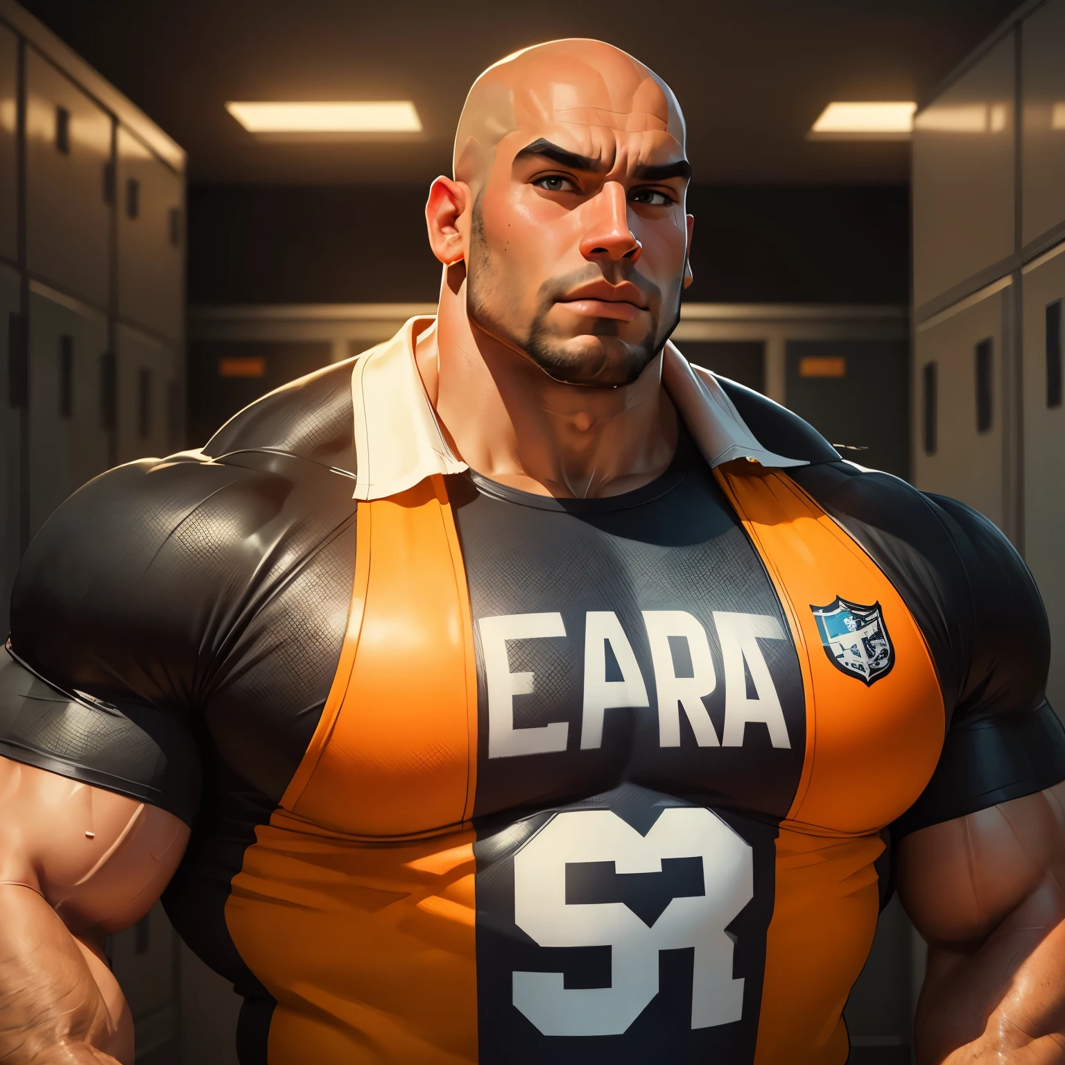an exaggeratedly muscular and large bald bodyguard, beefy build, mixed race, (wearing sports jersey: 1.2), shirtless, (bara pecs: 1.3), (arm and chest hair: 1.1), close-up portrait HD, locker room