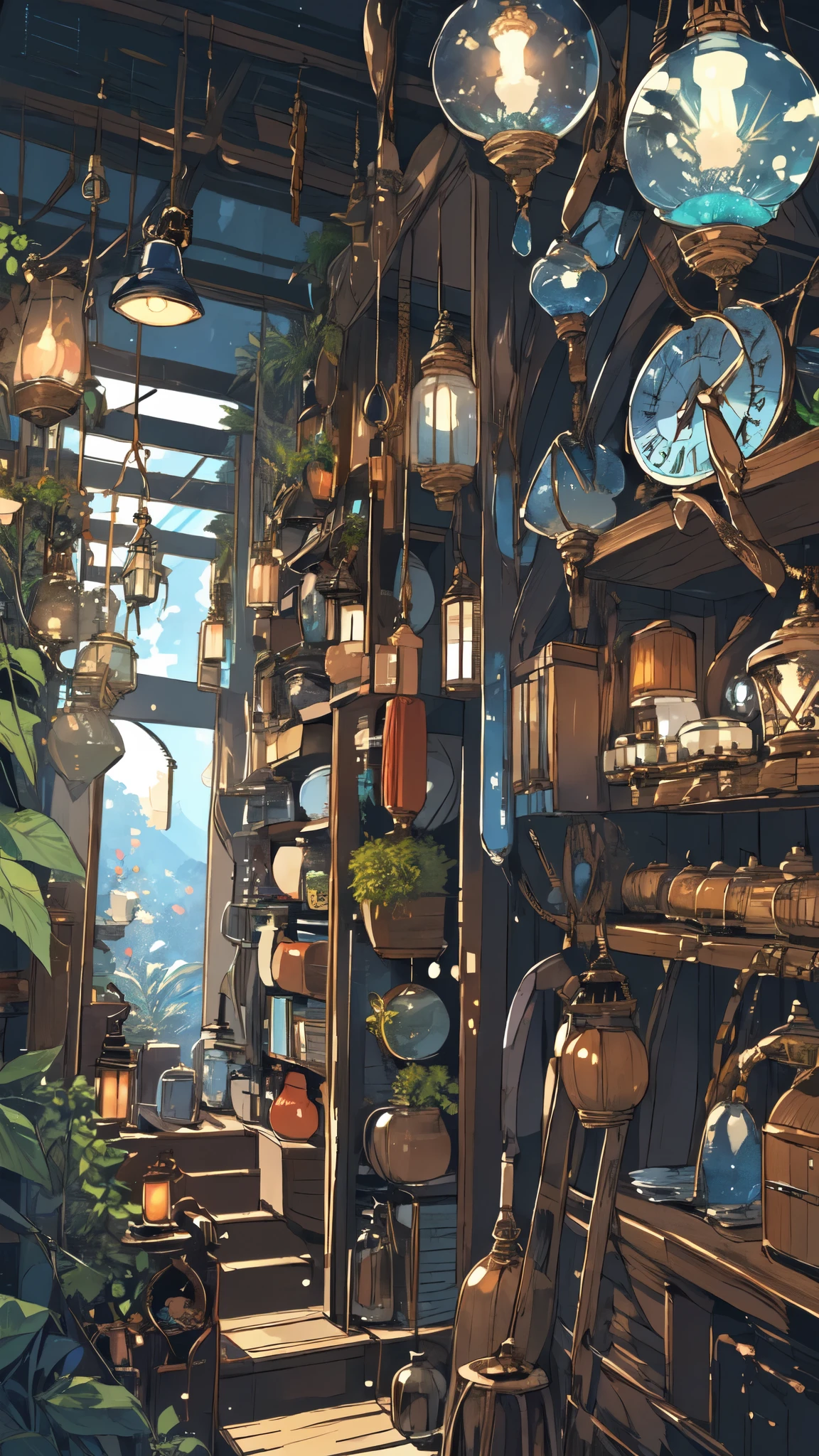 (masterpiece:1.2), highest quality,pixiv, night view, scenery, there are no humans, window, plant, potted plant, indoors, shelf, wooden floor, lanthanum, lamp, Book, Bookshelf, blurry, table, bottle, Depth of the bounds written, Chair, cup, fantasy, Barrel, ladder、clock、柱clock、鳩clock、clock付きの帽子、