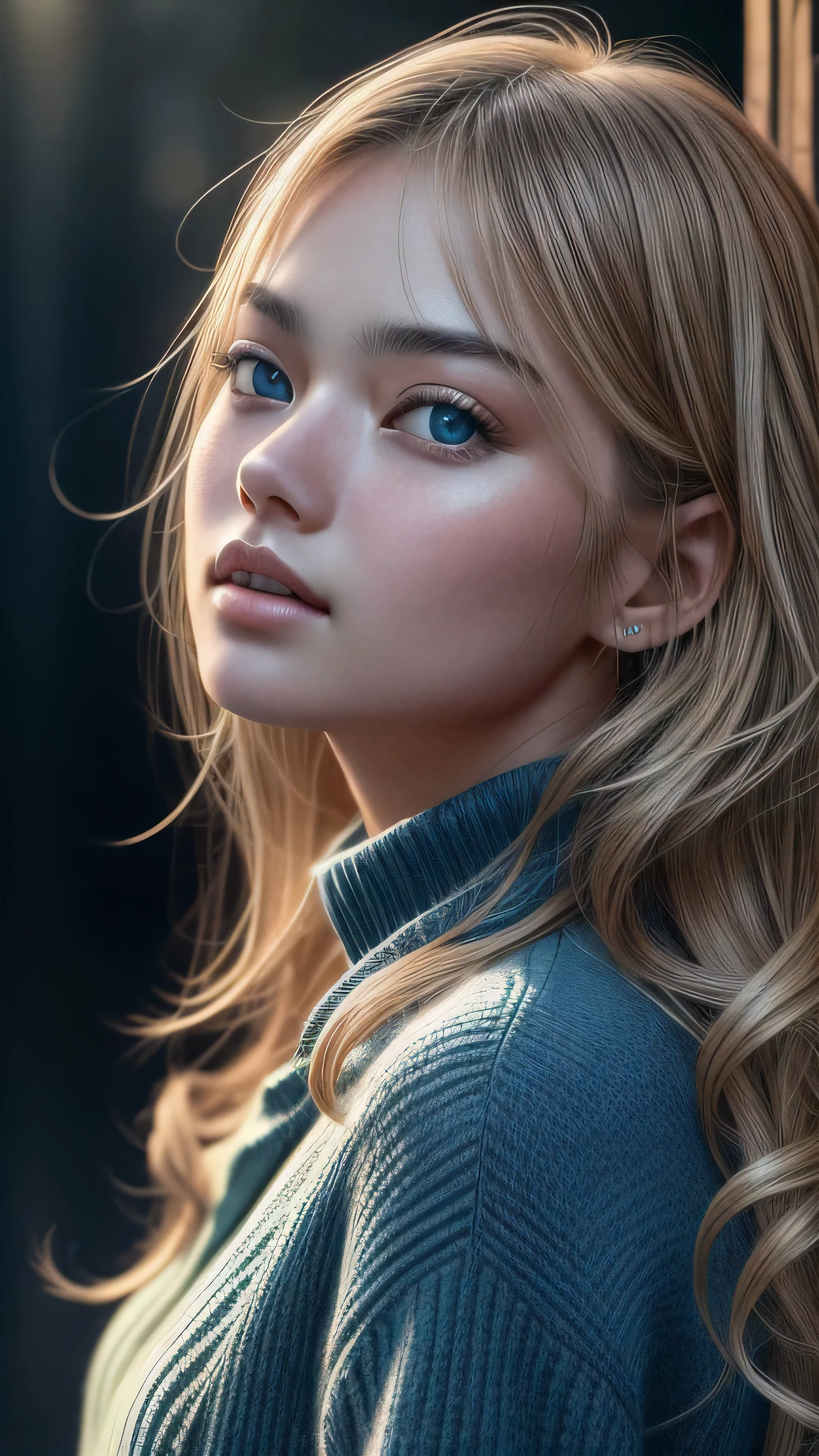 (RAW style, masterpiece, best quality, ultra-detailed) portrays a beautiful Asian girl with short, curly blonde hair and captivating blue eyes. this exquisite image boasts an ultra-realistic and ultra-detailed representation, with intricate details that capture the depth and nuance of every feature. The depth of field is expertly rendered, adding a sense of dimension and texture to the scene. Octane renders bring out the ultra-definition in the (skin texture, film grain), imbuing the image with a cinematic feel that is further enhanced by the cinematic light, which bathes the girl's face in sidelighting. The ultra high