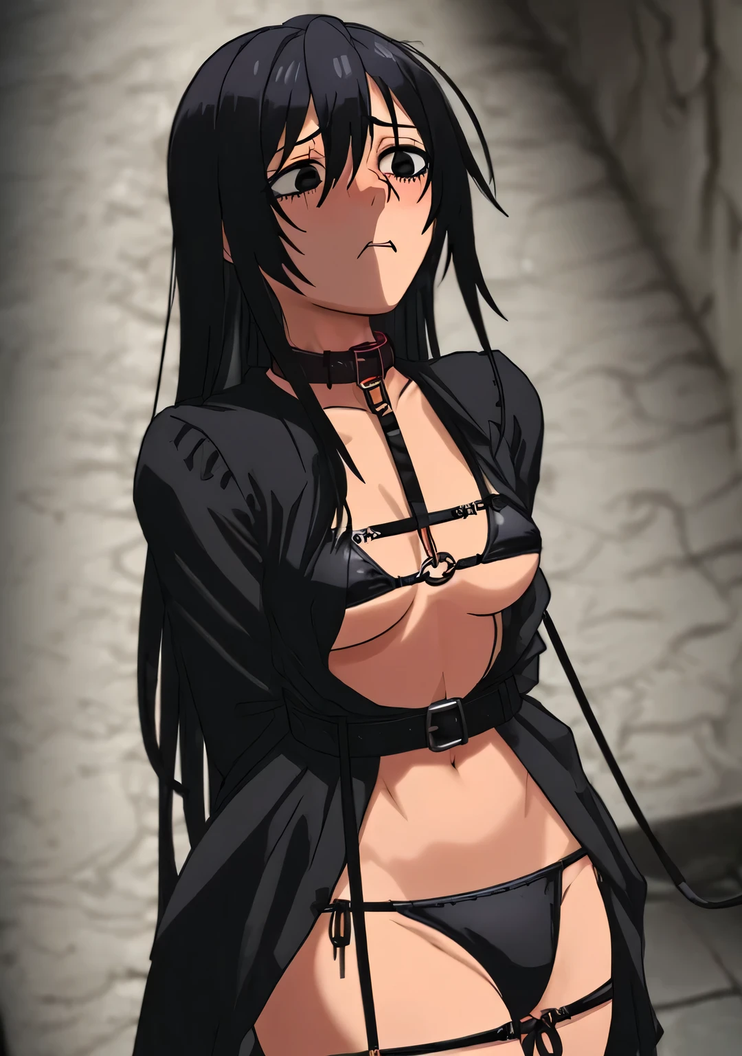 ((collar,leash,tied up,bondage,scared expression)),black hair,black eyes,(bikini)
