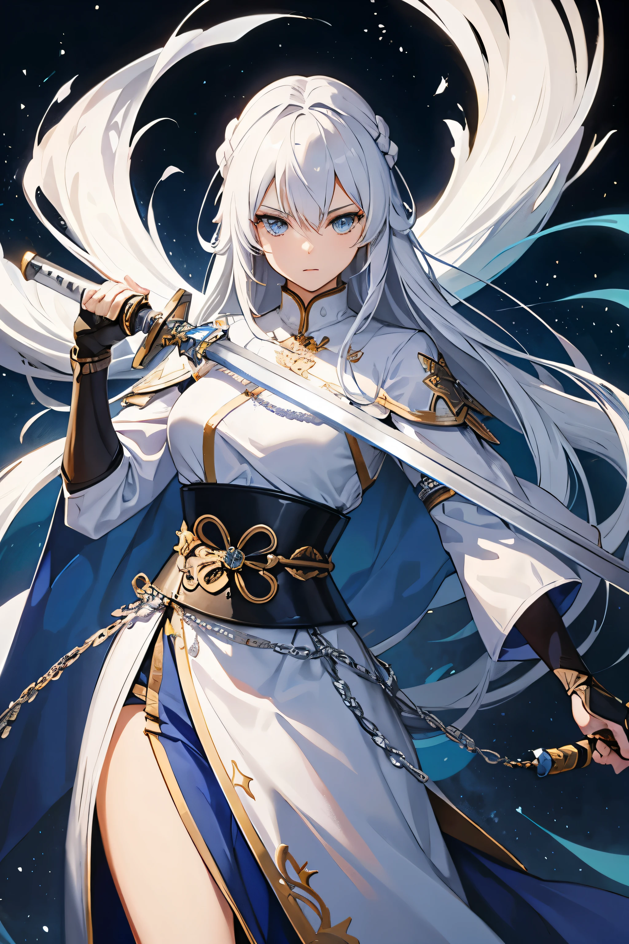 Saint Samurai,female,Air genasi,Tall height,slim body,white hair,blue eyes,Wearing silver chain mail,With a long sword in his hand,sacred