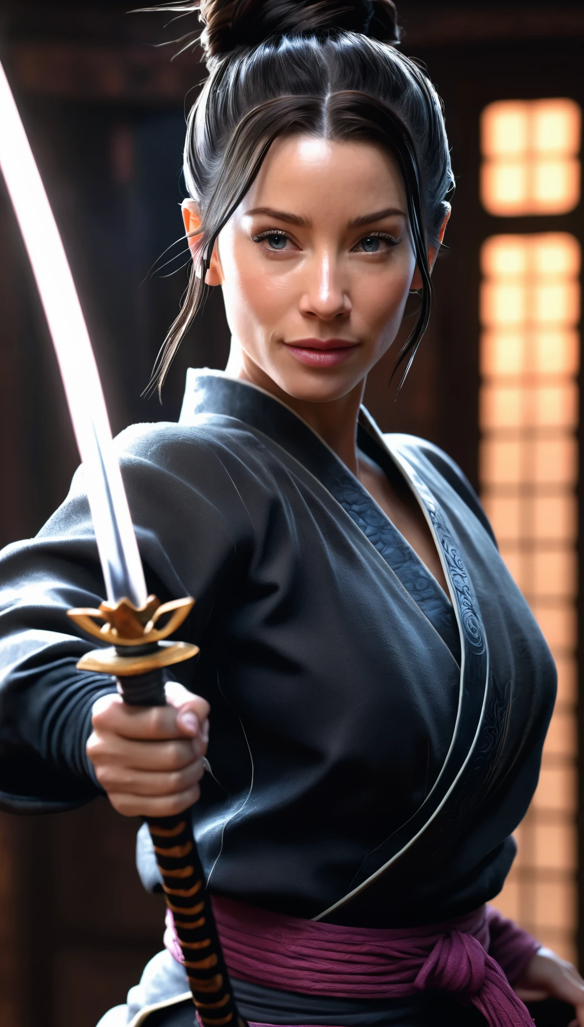 (Emily rudd:Evangeline Lilly) kunoichi coming out of a magical portal of darkness, hyperdetailed, trending on artstation, daggers in the hands, (perfect hands), hair up in a bun, action pose, anime waifu style, By David Benzal, fitness body, dark fantasy background, hdr,8k,