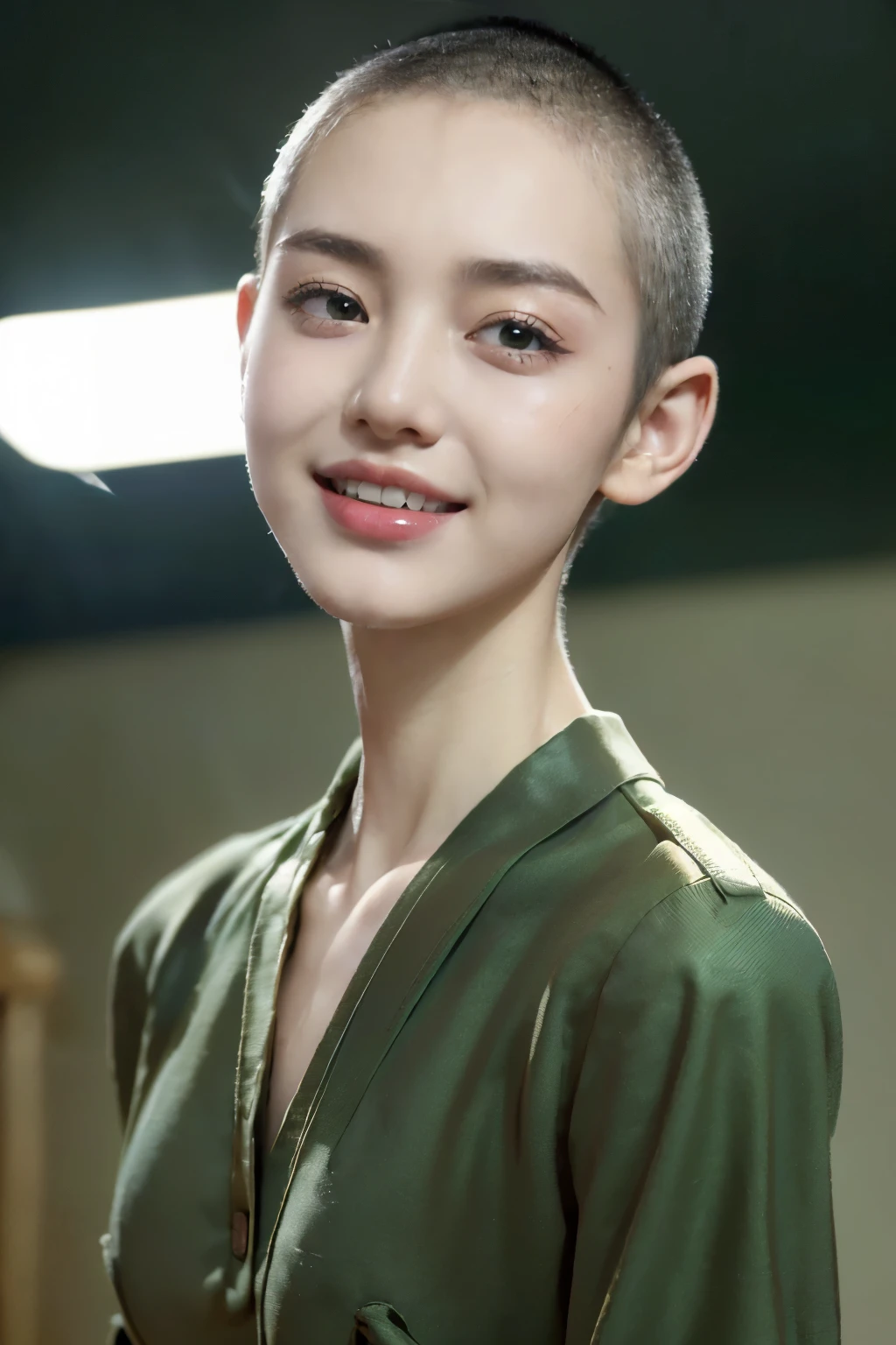 ((((8k))),((Extremely meticulous CG)) ,(ID photo),16k,((Extremely refined and beautiful)),(((Masterpiece))),(((best qualtiy))),(((Ultra High Resolution))),beautiful light up,Perfect lightning,realistic shaded,((high resolution)),(Smooth and flawless fair skin:1.5),(pale skin:1.3),(Extremely exquisite facial details:1.2),(perfect body:1.1),(ultra-detailed),((A beautiful girl,solo)),(small head:1.2),(buzz cut:1.2),(small face:1.2),(baby face:1.3),(Exquisite makeup:1.2),(small breasts:1.2),(flat chests:1.2),(slim:1.3),(happy:1.2),(laughing:1.2),(green collared military shirt:1.3),(night scene:1.5),(indoor:1.2),(standing:1.3),(close-up of face:1.3),(from front:1.3),