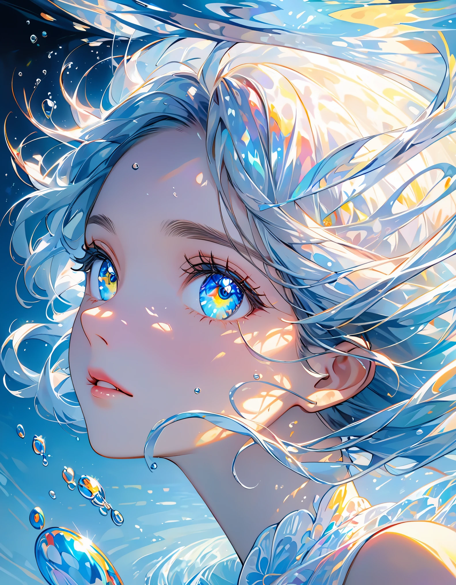 girl swims underwater,hyper detailed render style,glow,yellow,blue,brush,surreal oil painting,shiny eyes,head closeup,exaggerated perspective,tyndall effect,water drops,mother of pearl iridescence,holographic white,black background,