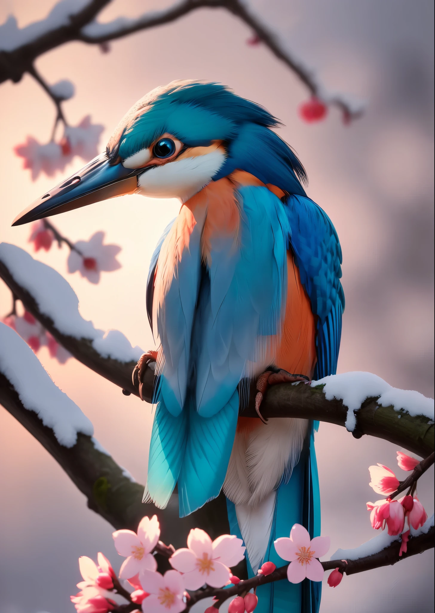 A stunning kingfisher perches on a white cherry blossom branch、There's still a little snow left on the cherry blossom trees, dark, dawn, (cold morning: 1.1), (morning dew: 1.15), realistic pictures, (Low Photo: 1.2), detailed, 8K, (to8 contrast style), (haze: 0.7), bright colors, sony a6600 mirrorless camera, Decoration 2 --v 6