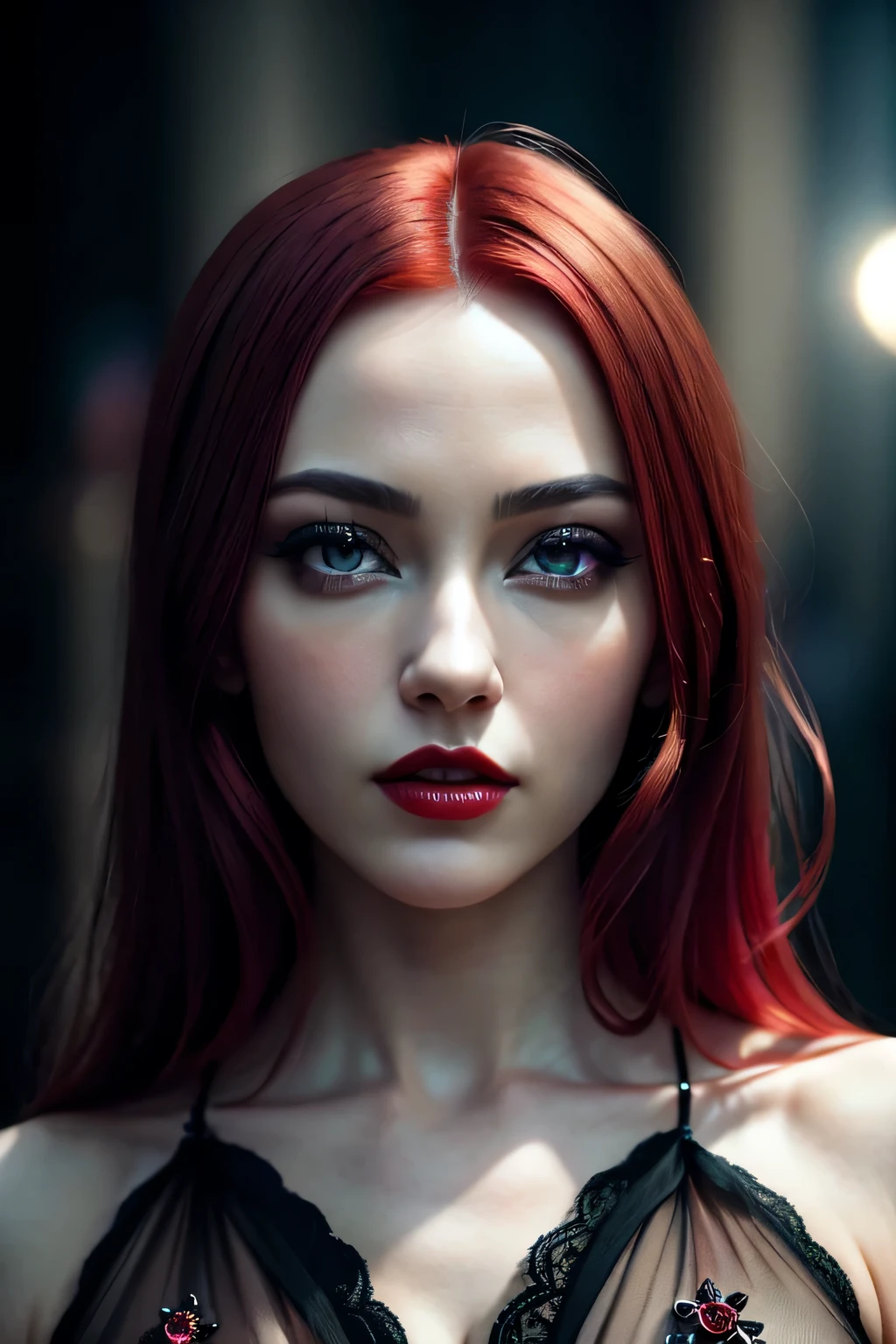 portrait shot, ((vivid red hair)), mature woman, 30 years old, diamond face, moonlight, red starry sky background, depth of field, magic, big red lips, ((dark black eyes)) black and red long and full dress, covered chest, mystical atmosphere, ominous shadows, Intense blue aura, Intense red aura (best quality:1.2), absurdres, intricate details, (highly detailed skin:1.2), smile expression, posing, taut and well defined body, attractive. Highly realistic, pale skin, beautiful, hyperrealism, skin very elaborated, direct gaze, (RAW, analogue, Nikon Z 14mm ultra-wide angle lens, award-winning glamour photograph, ((best quality)), ((masterpiece)), ((realistic)), skin pores, subsurface scattering, high-res, detailed facial features, high detail, sharp focus, smooth, aesthetic, extremely detailed, (extremely detailed eyes, extremely detailed iris), extremely detailed hair, extremely detailed skin, extremely detailed clothes, octane render, photorealistic, realistic, post-processing, max detail, realistic shadows, roughness, natural skin texture, real life, ultra-realistic, photorealism, photography, 8k UHD, photography, hdr, intricate, elegant, highly detailed, sharp focus, stunning, beautiful, gorgeous), realistic, masterpiece, highest quality, movie still, cloud girl, floating in the sky, (close-up:1.1), medium breast, bright, happy, fun, soft lighting, RAW photo, UHD, 32k, Natural light, cinematic lighting, masterpiece-anatomy-perfect, masterpiece:1.5