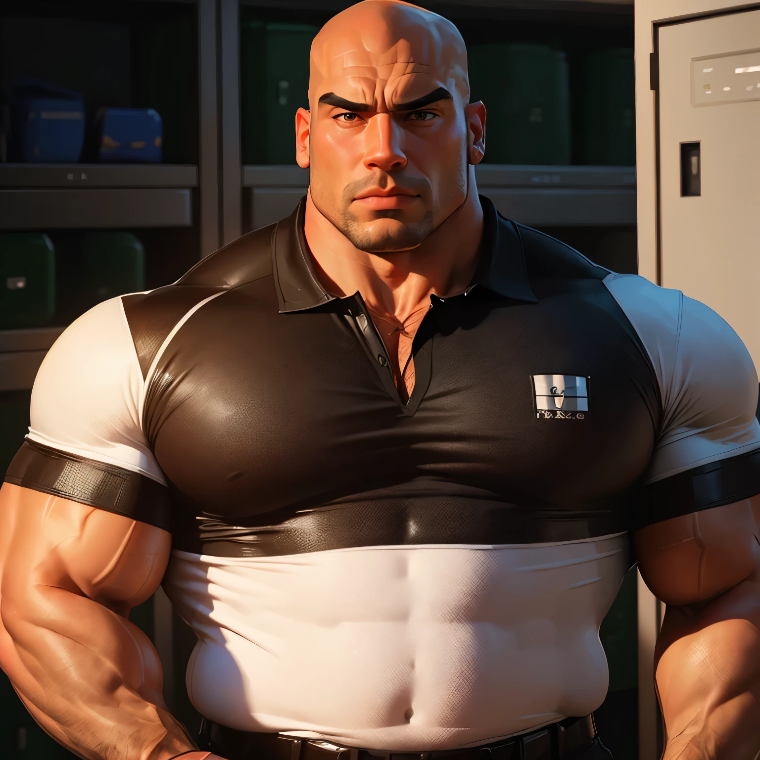an exaggeratedly muscular and large bald bodyguard, beefy build, mixed race, (wearing sports polo: 1.2), sports whistle around neck, (bara pecs: 1.3), (arm and chest hair: 1.1), close-up portrait HD, locker room