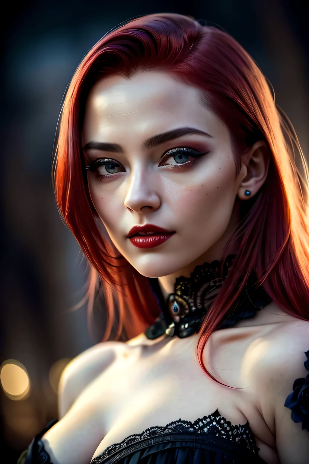 portrait shot, ((vivid red hair)), mature woman, 30 years old, diamond face, moonlight, red starry sky background, depth of field, magic, big red lips, ((dark black eyes)) black and red long and full dress, covered chest, mystical atmosphere, ominous shadows, Intense blue aura, Intense red aura (best quality:1.2), absurdres, intricate details, (highly detailed skin:1.2), smile expression, posing, taut and well defined body, attractive. Highly realistic, pale skin, beautiful, hyperrealism, skin very elaborated, direct gaze, (RAW, analogue, Nikon Z 14mm ultra-wide angle lens, award-winning glamour photograph, ((best quality)), ((masterpiece)), ((realistic)), skin pores, subsurface scattering, high-res, detailed facial features, high detail, sharp focus, smooth, aesthetic, extremely detailed, (extremely detailed eyes, extremely detailed iris), extremely detailed hair, extremely detailed skin, extremely detailed clothes, octane render, photorealistic, realistic, post-processing, max detail, realistic shadows, roughness, natural skin texture, real life, ultra-realistic, photorealism, photography, 8k UHD, photography, hdr, intricate, elegant, highly detailed, sharp focus, stunning, beautiful, gorgeous), realistic, masterpiece, highest quality, movie still, cloud girl, floating in the sky, (close-up:1.1), medium breast, bright, happy, fun, soft lighting, RAW photo, UHD, 32k, Natural light, cinematic lighting, masterpiece-anatomy-perfect, masterpiece:1.5
