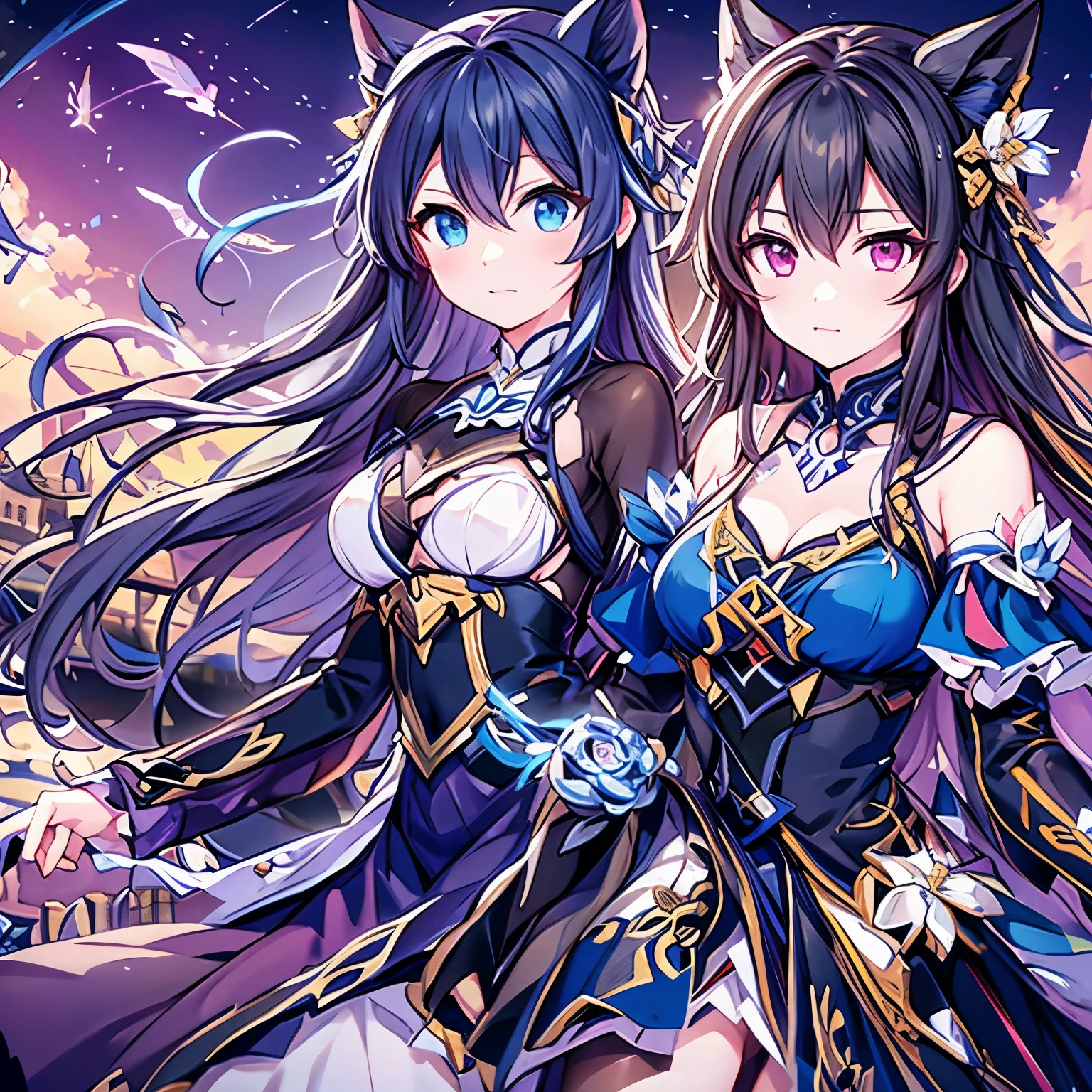 a beautiful blue and black kitsune, big breasts, long White hair, slim waist, detailed portrait, intricate details, dramatic lighting, mystical, elegant, sensual, long white tail, heterochromia (one blue eye, one red eye), His eyes would shine brightly, Surrounded by red energy fireflies, One piece swimsuit covering herself very angry and blushing