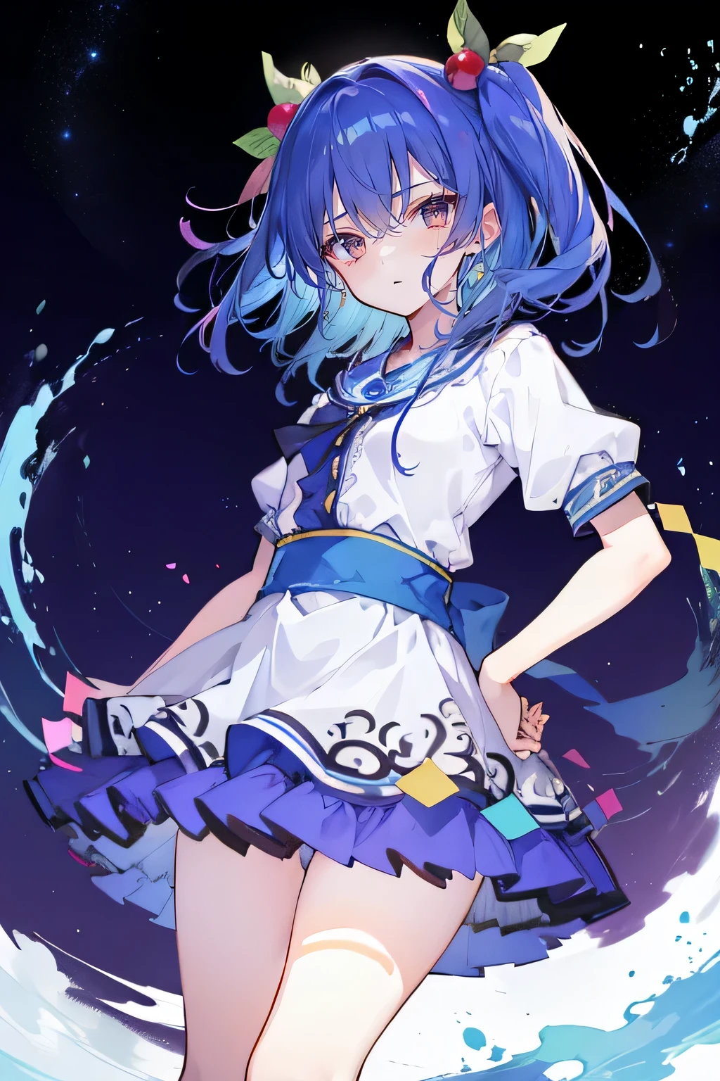 (masterpiece),best quality, expressive eyes, perfect face, 1girl,
Put your hands on your waist,fair, Gorgeous,Japanese cartoons,girl,lola,Hina Angel, blue hair, blue haired, floating clothes,Grab your waist, Grab your waist, hands on hips , hands on hips,sit, sit on ground, Legs on the ground, flat chest,starry sky,