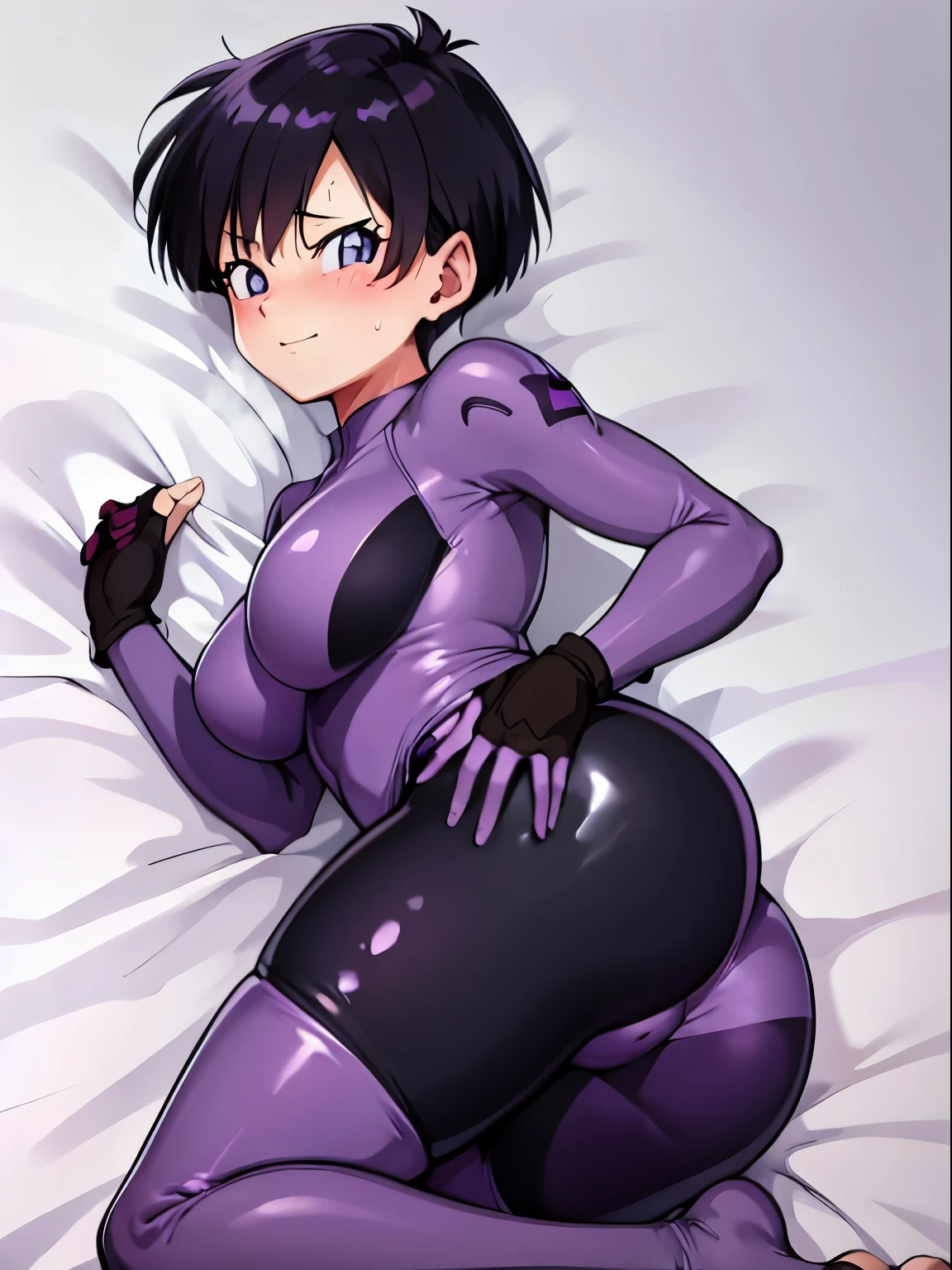 videl,1 girl,alone,((bright purple tight suit,:1.5)),barefoot,big breasts,butt,smile,laughter,blush,bare hands,best image quality,highest quality,((1 girl:1.4)),please open your mouth wide,black hair,blue eyes,Bed,Lying down,lie face down,pleasure,Feels good,Looks happy,saliva,Eyes are hearts,Sweat,