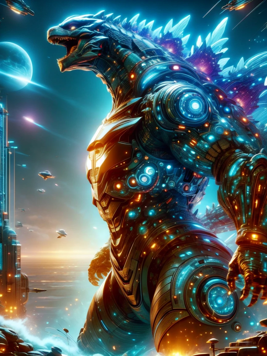 Godzilla , ocean,The backdrop is a futuristic city, science fiction style, blue and violet, bright, Sky background at night,There are many stars and a moon that splits in two. Super real photos