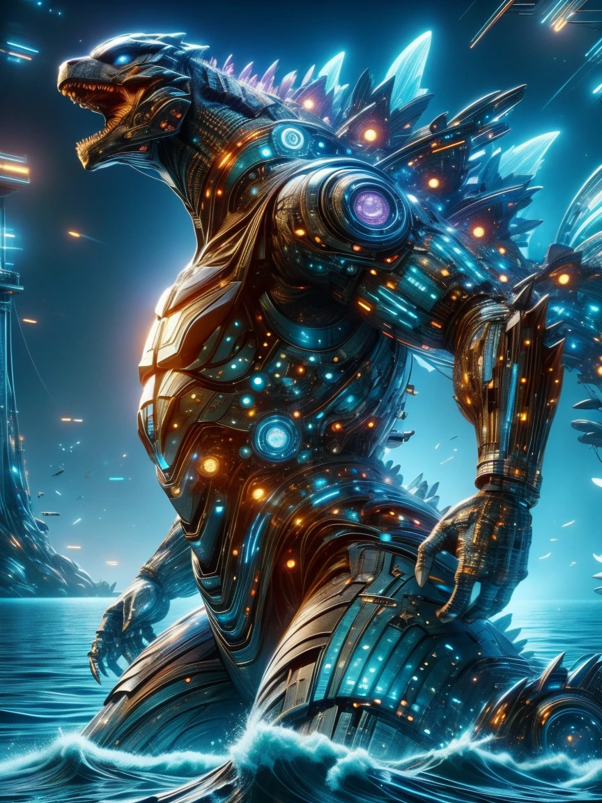 Godzilla , ocean，The backdrop is a futuristic city, science fiction style, blue and violet, bright, Sky background at night，There are many stars and a moon that splits in two. Super real photos