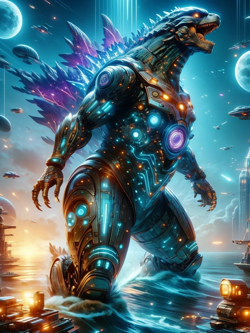 Godzilla , ocean，The backdrop is a futuristic city, science fiction style, blue and violet, bright, Sky background at night，There are many stars and a moon that splits in two. Super real photos