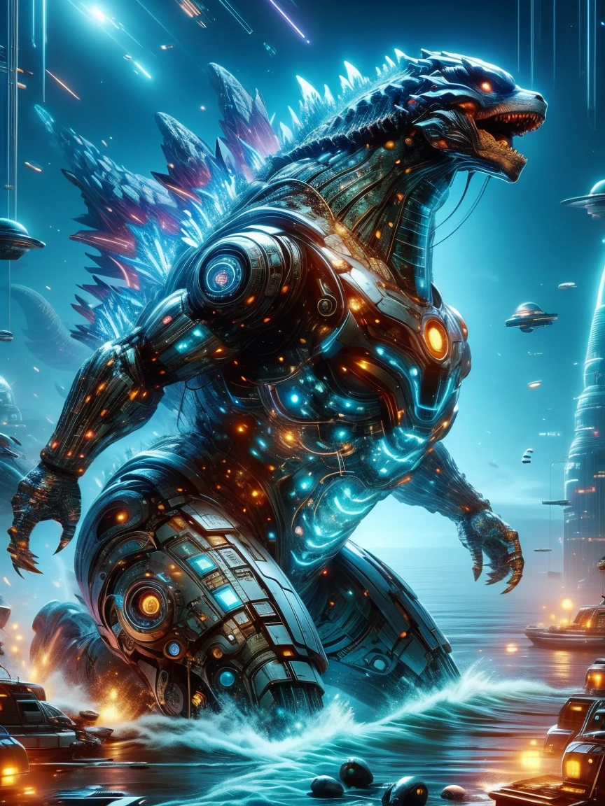 Godzilla , ocean，The backdrop is a futuristic city, science fiction style, blue and violet, bright, Sky background at night，There are many stars and a moon that splits in two. Super real photos